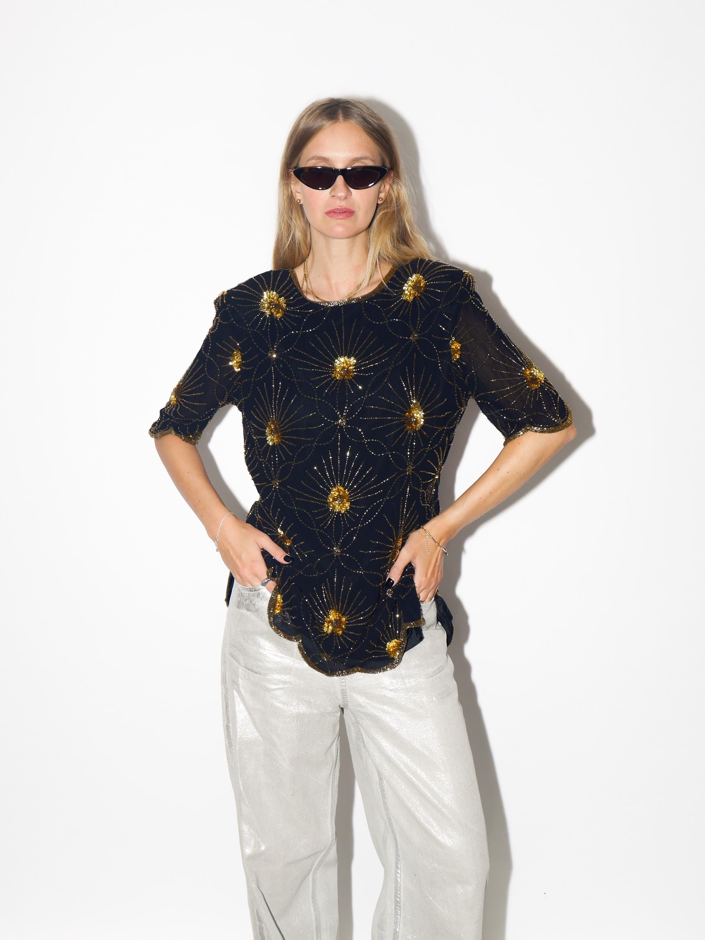 VINTAGE Black Viscose Blouse From The 1980s With Gold Beads And Sequins By Katherine Hart