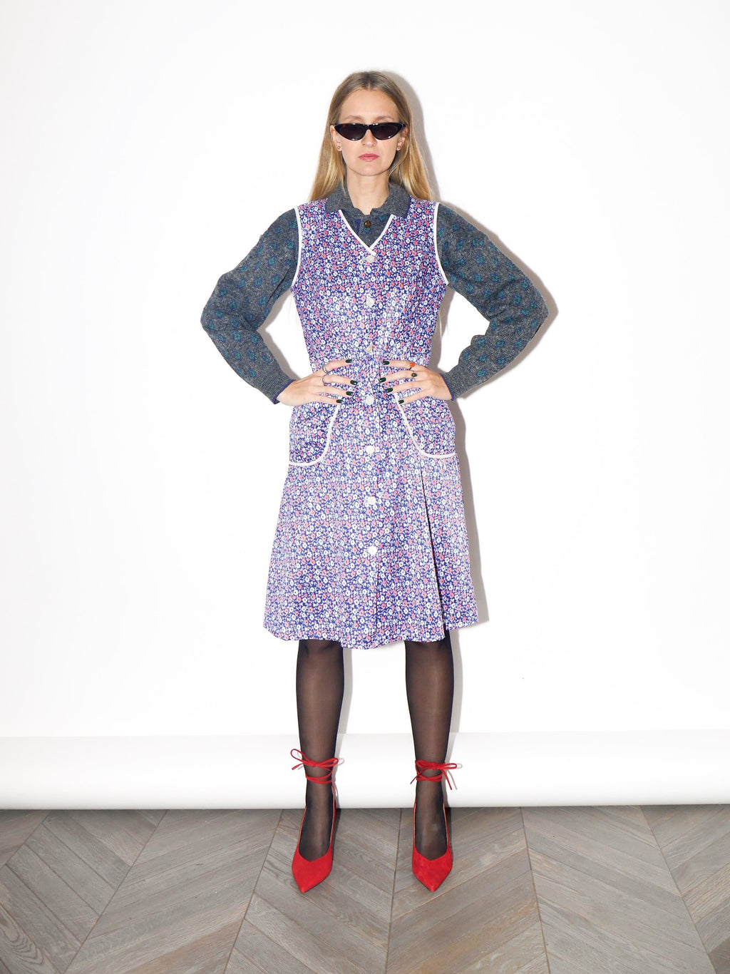 VINTAGE Red And Purple Floral Sleeveless Button-Down Handmade Dress From The 1980s