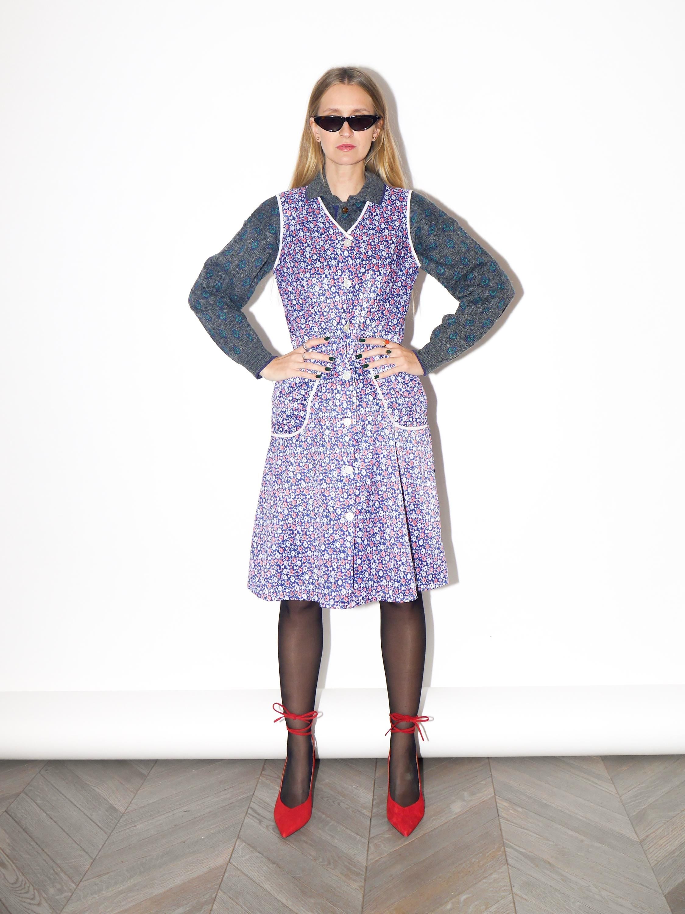 VINTAGE Red And Purple Floral Sleeveless Button-Down Handmade Dress From The 1980s