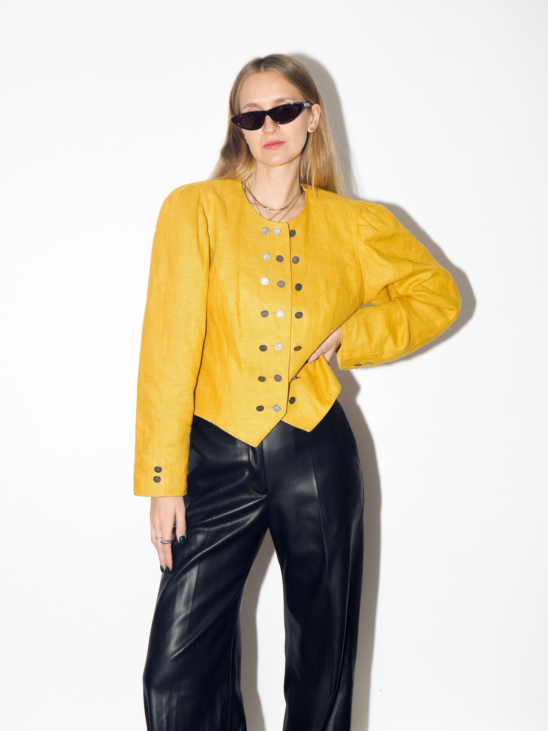 VINTAGE Yellow Cropped Linen Jacquard Blazer From The 1980s By Original Salzburger Tracht