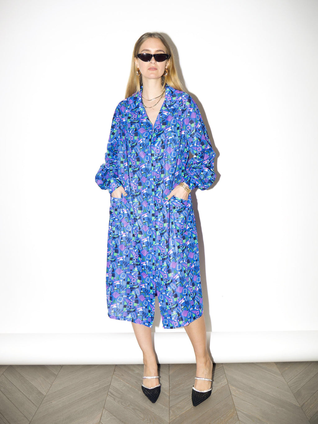 VINTAGE Blue Cobalt Long Sleeve Dress from 1990s | Oversized Shirt Style Dress