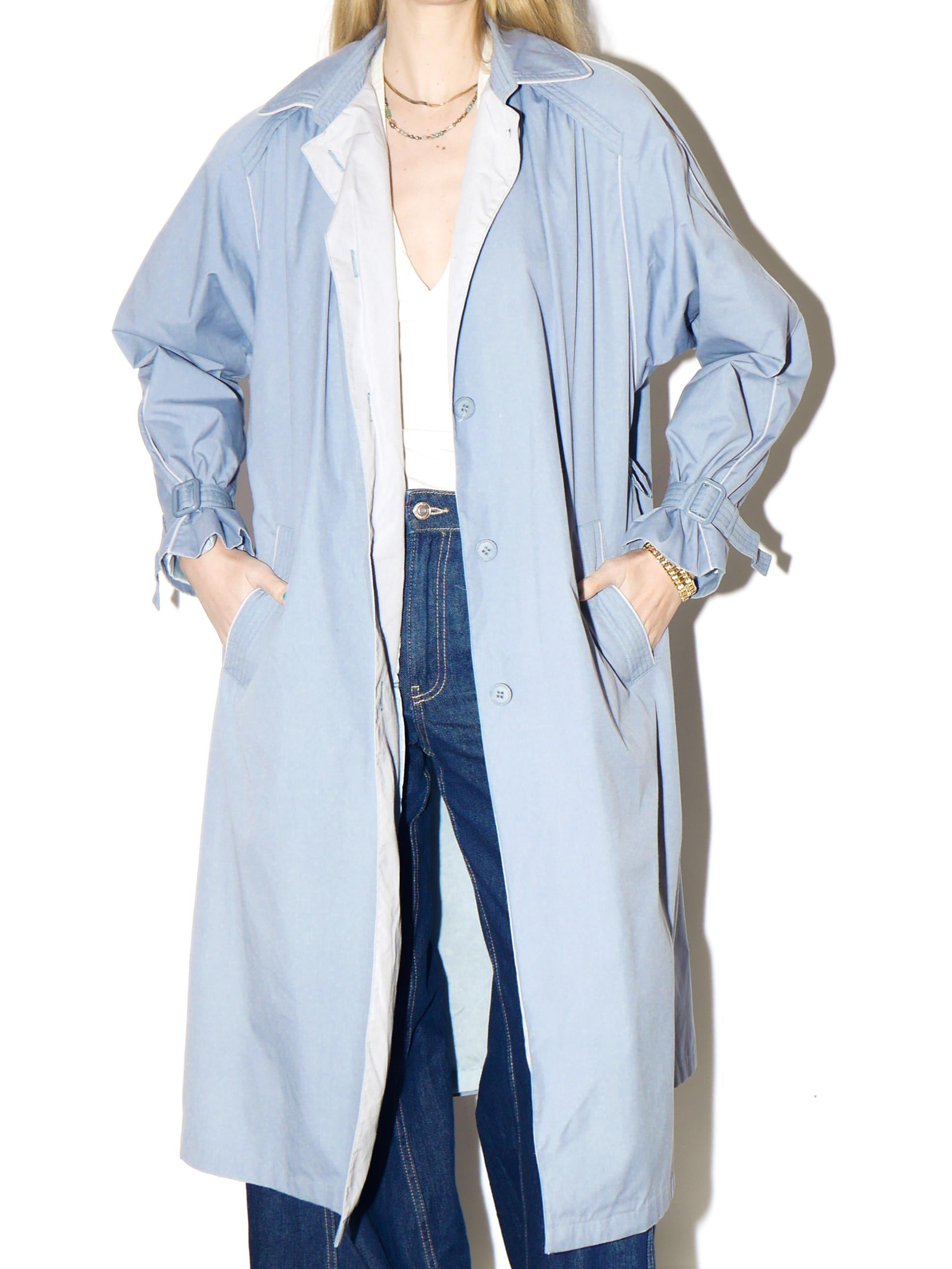 VINTAGE Baby Blue Trench Coat from 1980s | Midi Blue Cotton Trench Coat