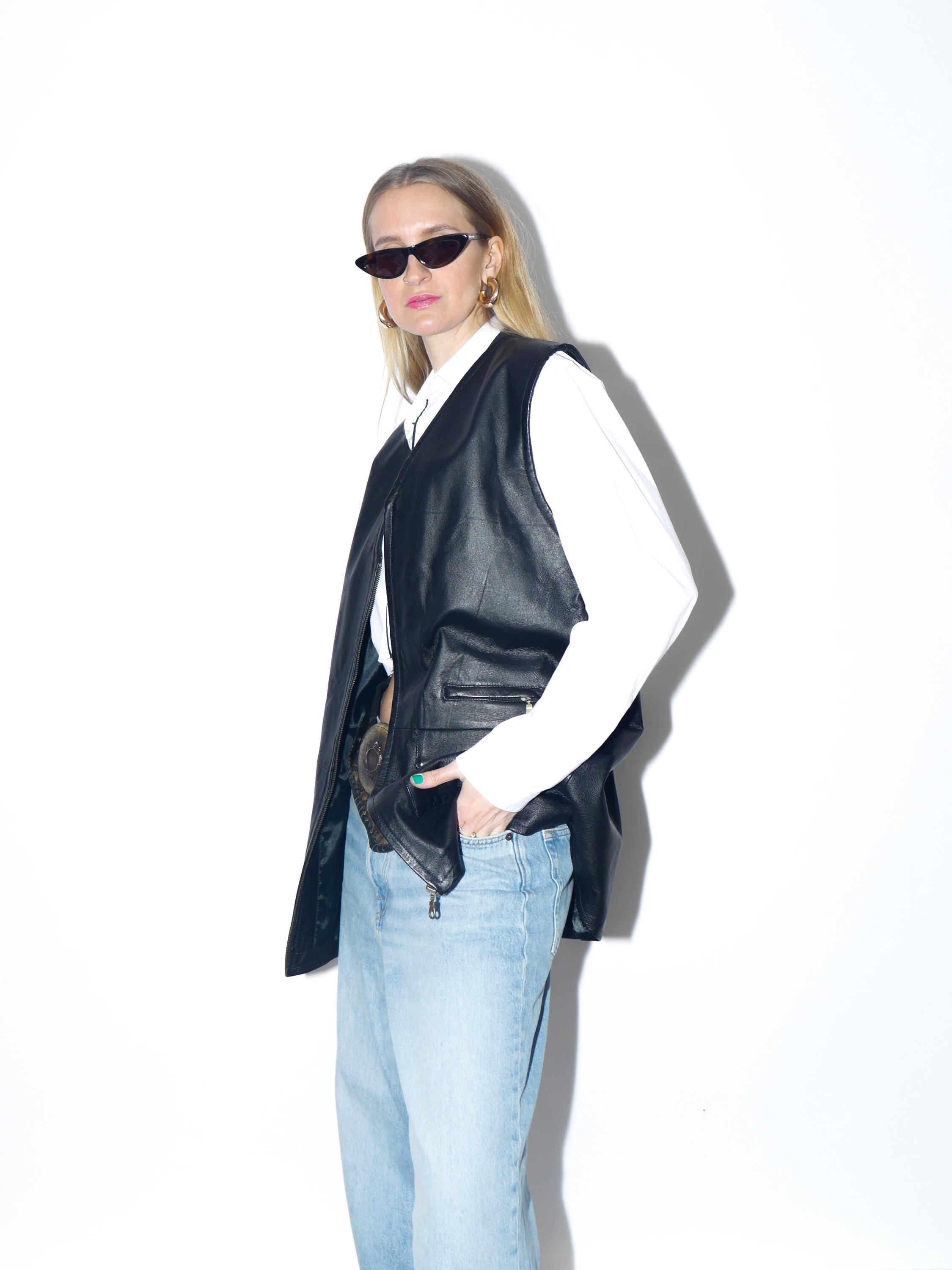 VINTAGE black leather vest from the 1990s | oversize black leather waistcoat