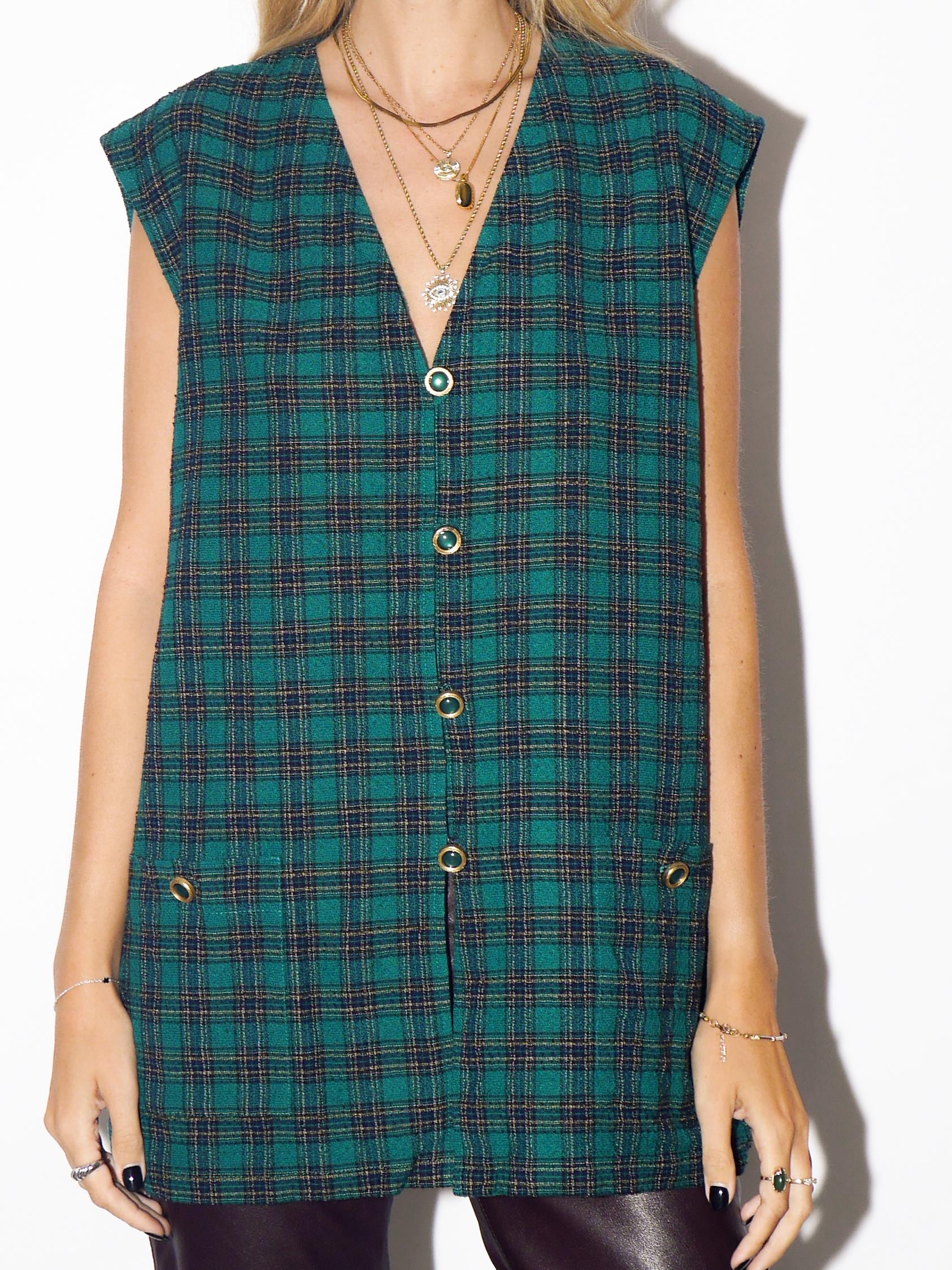VINTAGE Green Wool Checked Oversized Vest From 1980s With Decorative Buttons By Delmod International