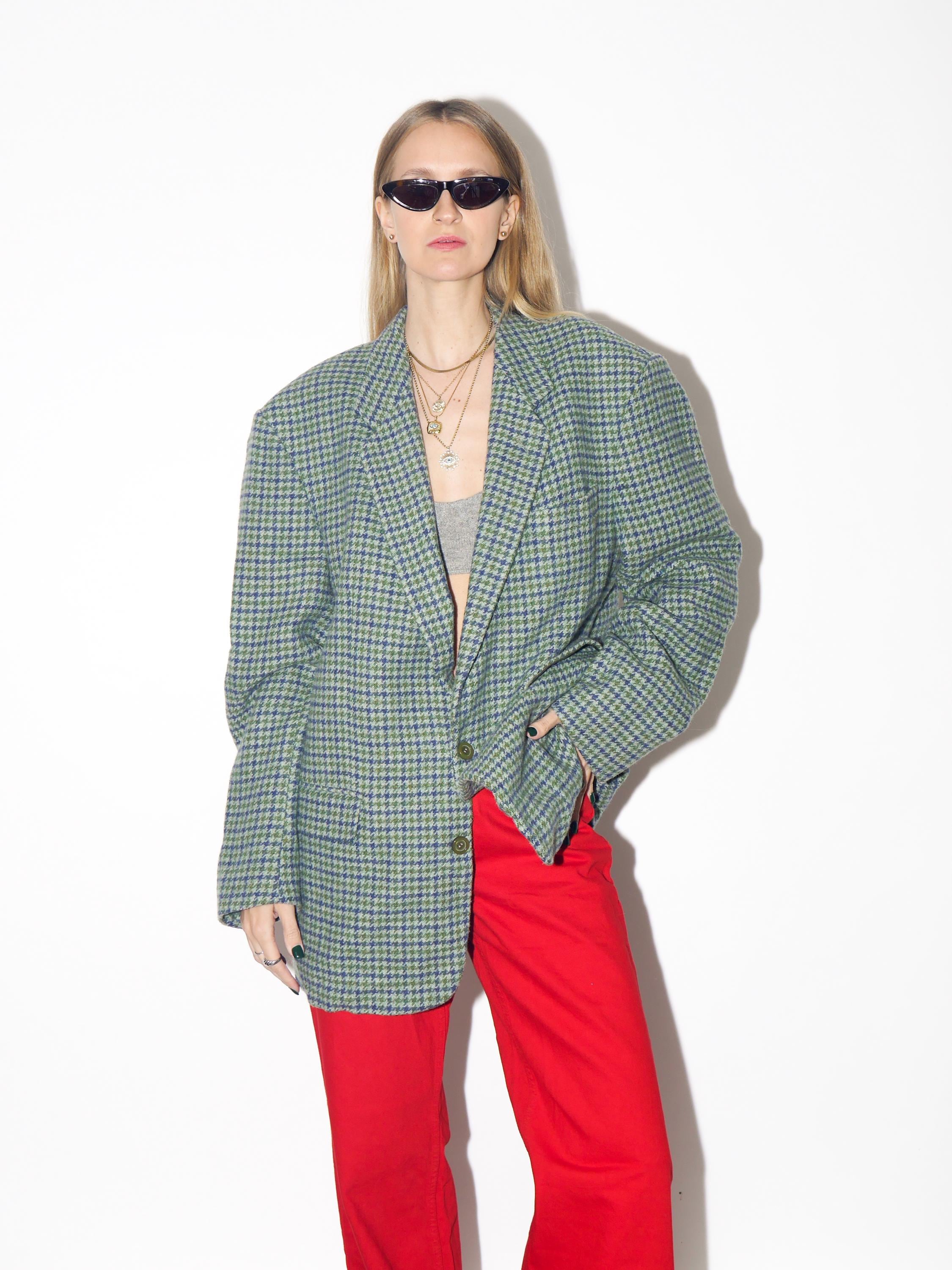 VINTAGE Wool Oversized Green And Gray Houndstooth Blazer From The 1980s