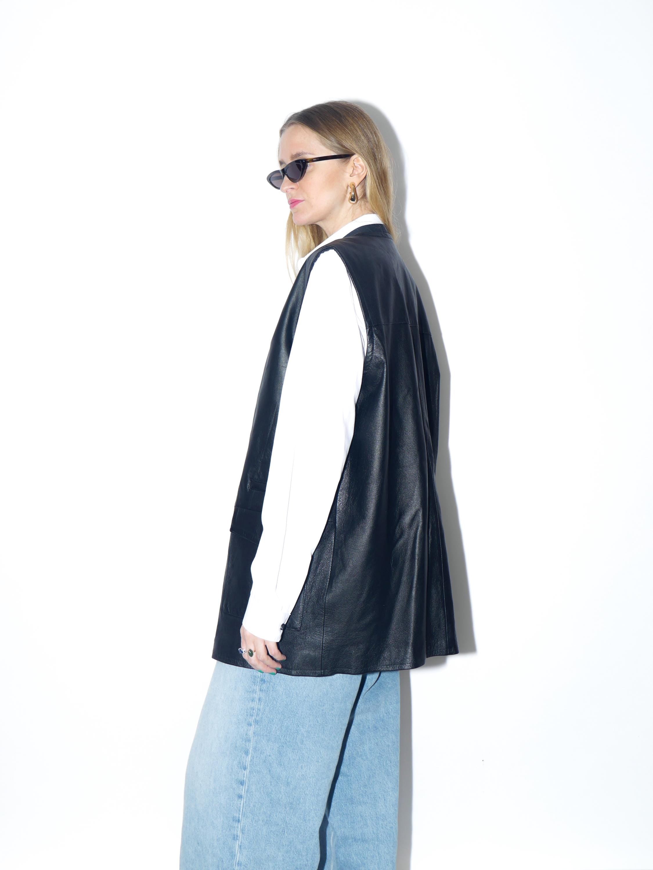 VINTAGE black leather vest from the 1990s | oversize black leather waistcoat