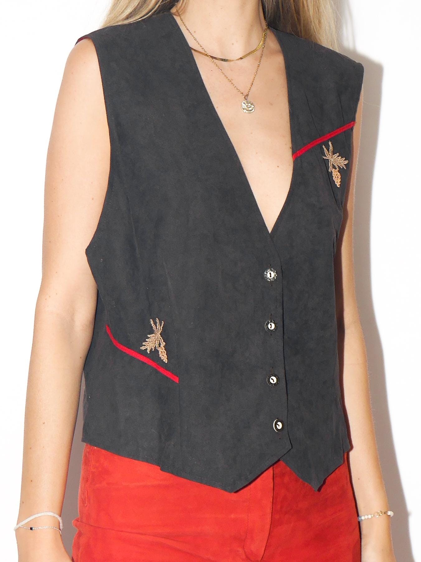 VINTAGE Dark Green Grape Embroidered Folk Vest From The 1980s