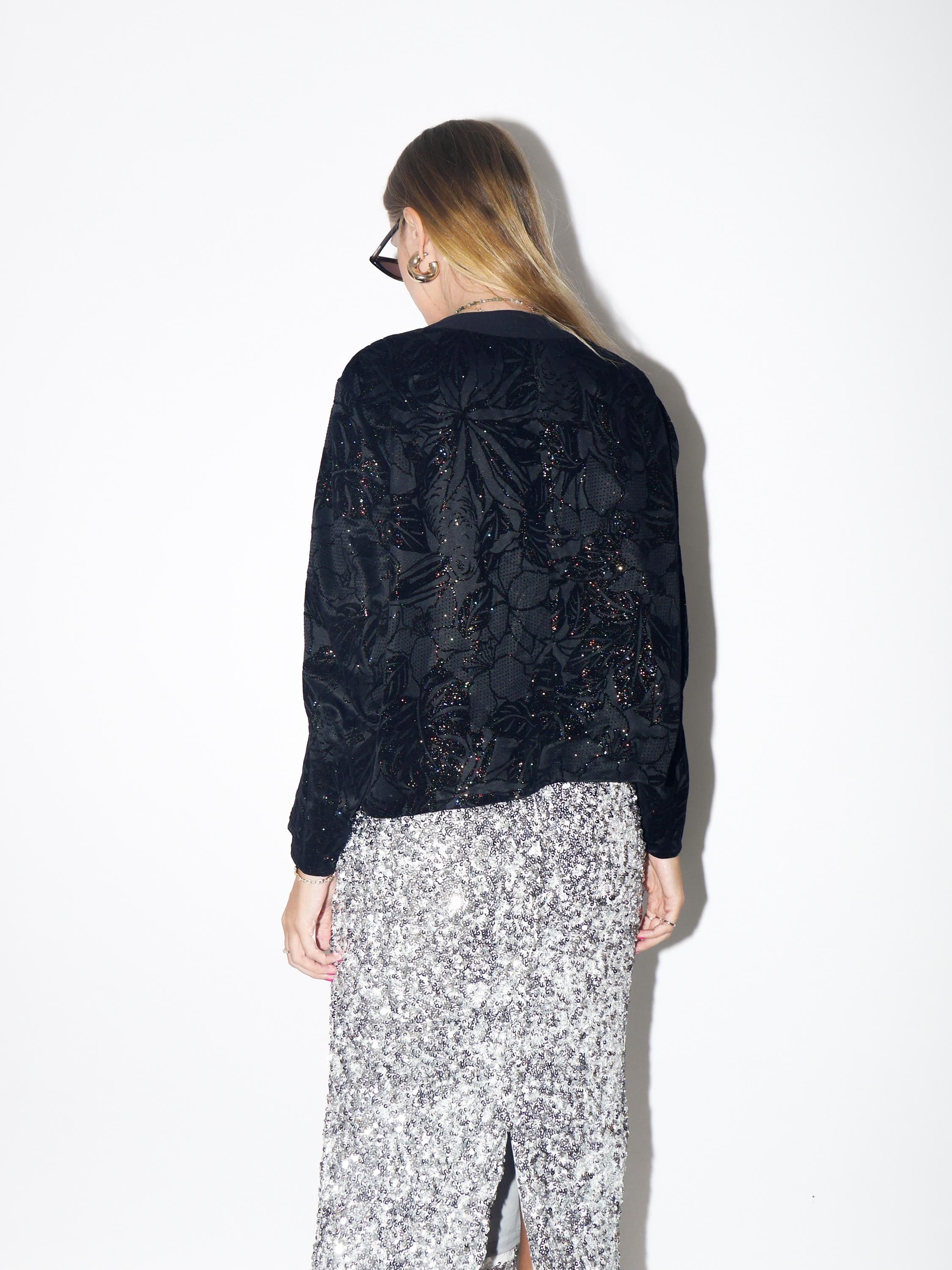VINTAGE Black Cropped Velvet-Patterned Blazer With Rainbow Glitter Leaf Print And Decorative Buttons From The 1980s By Chiki