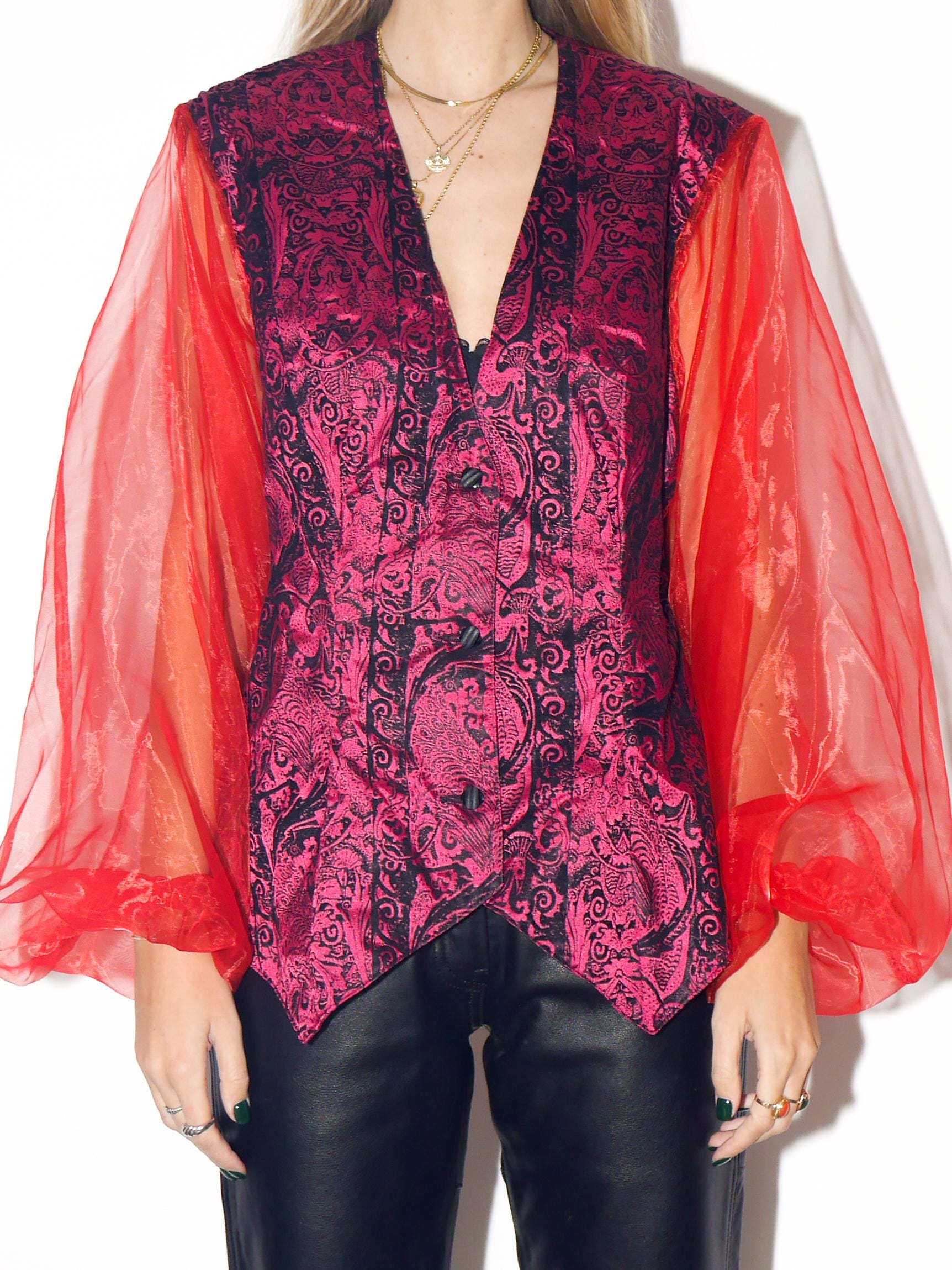 VINTAGE Black And Pink Velvet Oversized Blouse With Sheer Red Sleeves From The 1980s By Fiorina