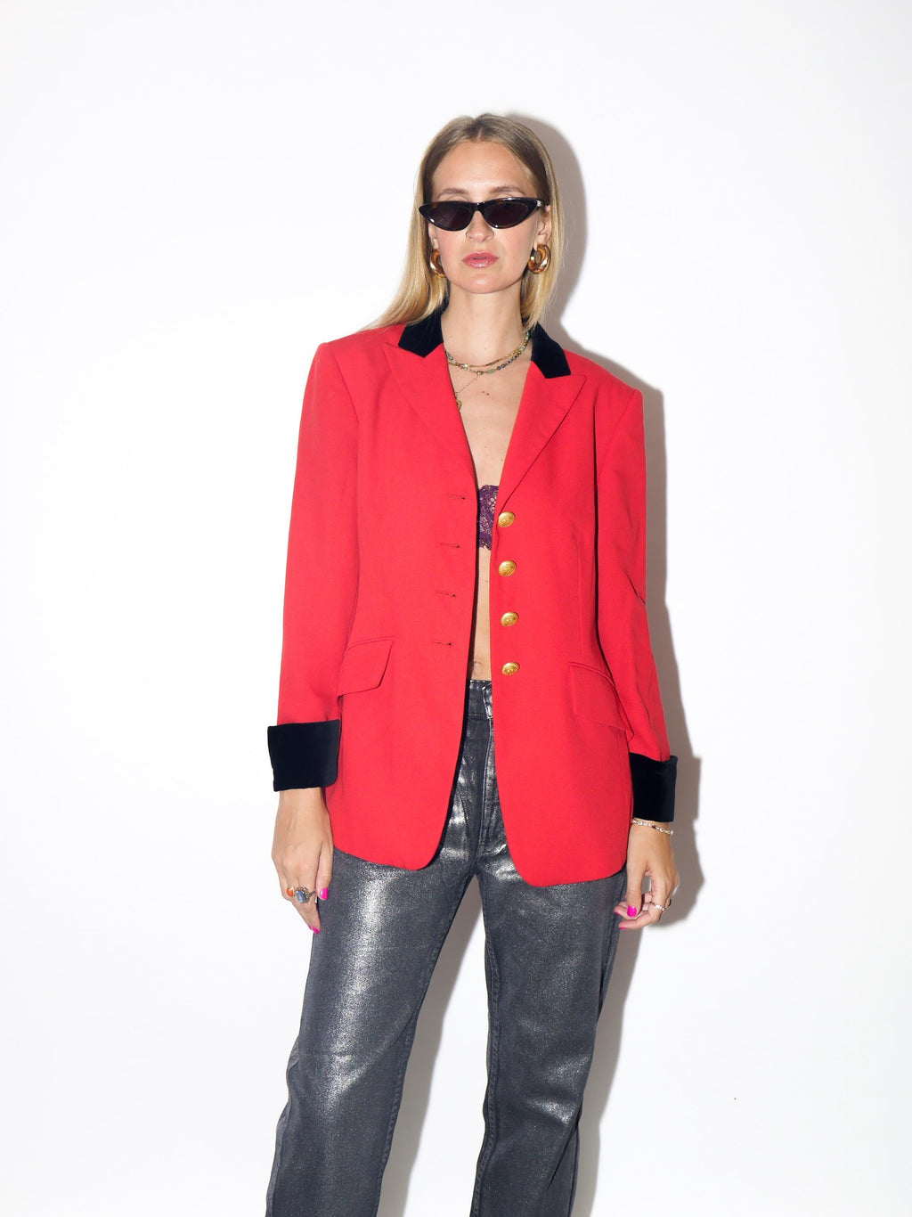 VINTAGE Wool Red Blazer With Black Velvet Cuffs And Collar And Gold Metal Buttons From The 1980s By Mondi
