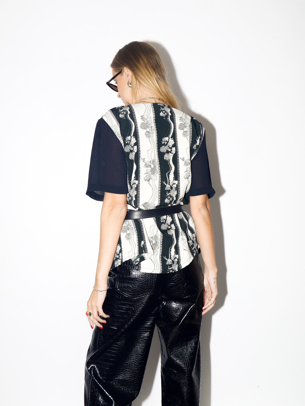 VINTAGE Black And White Pleated Floral Blouse From The 1980s By Options Fashion