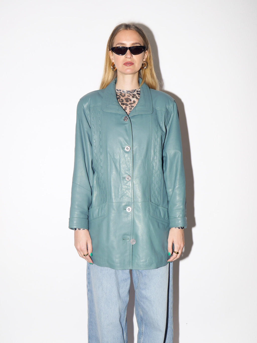VINTAGE Blue Leather Jacket from 1990s | Oversize Blue Leather Jacket