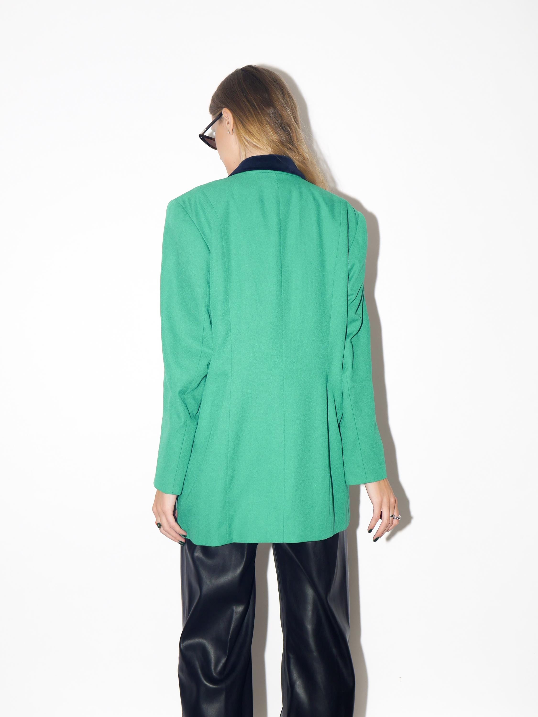 VINTAGE Green Oversized Blazer With Black Velvet Collar And Gold Buttons From The 1980s