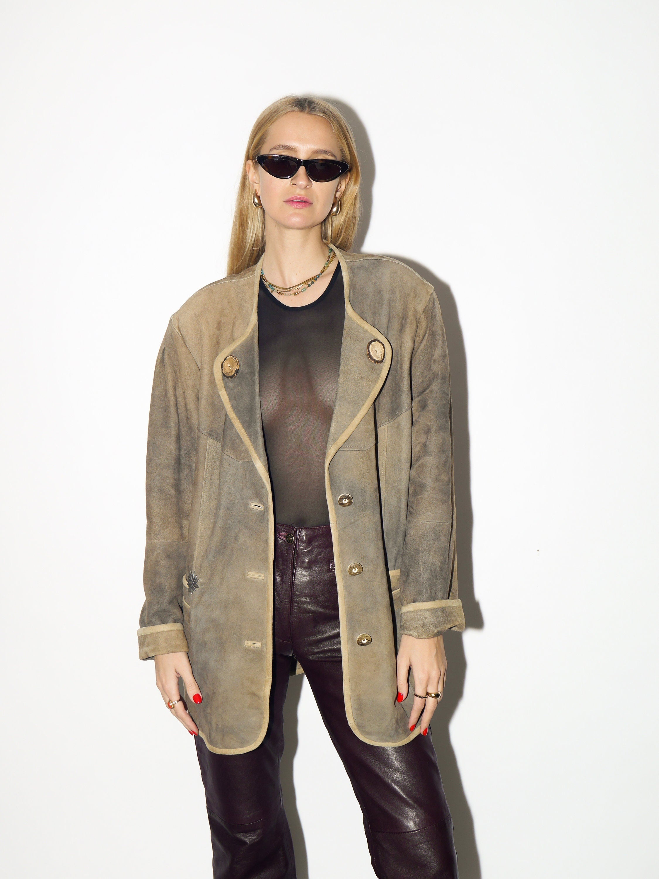 VINTAGE leather suede beige jacket 1980s | beige vintage leather blazer | retro leather jacket | vintage leather jacket | oversize jacket