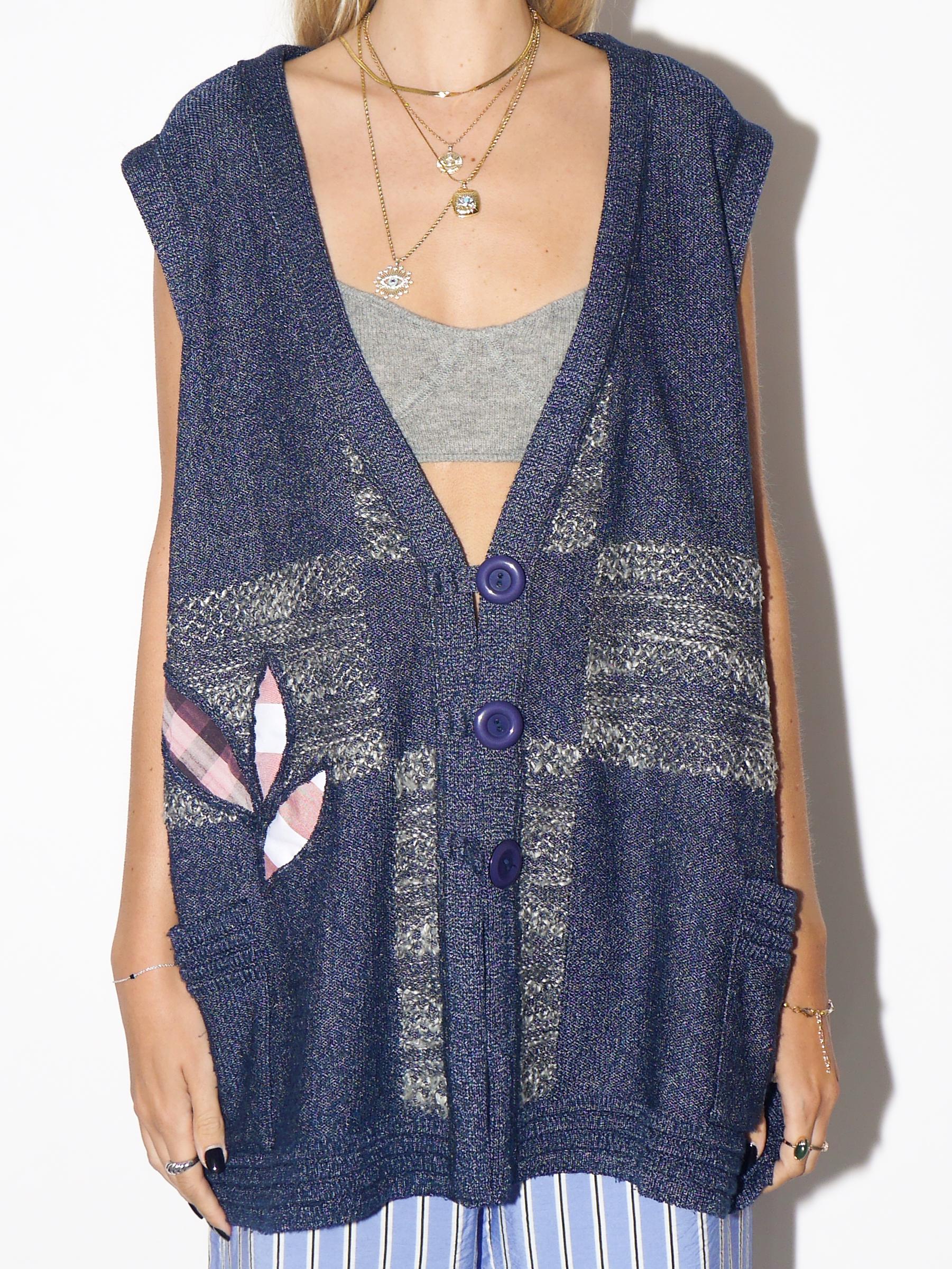 VINTAGE Blue Cottagecore Knitted Oversized Vest With Floral Pockets From The 1980s