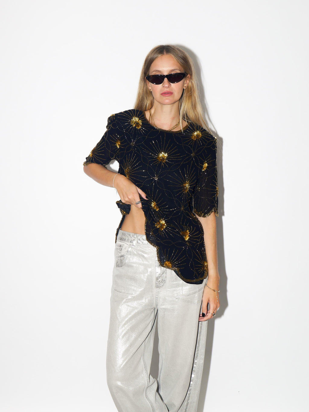 VINTAGE Black Viscose Blouse From The 1980s With Gold Beads And Sequins By Katherine Hart