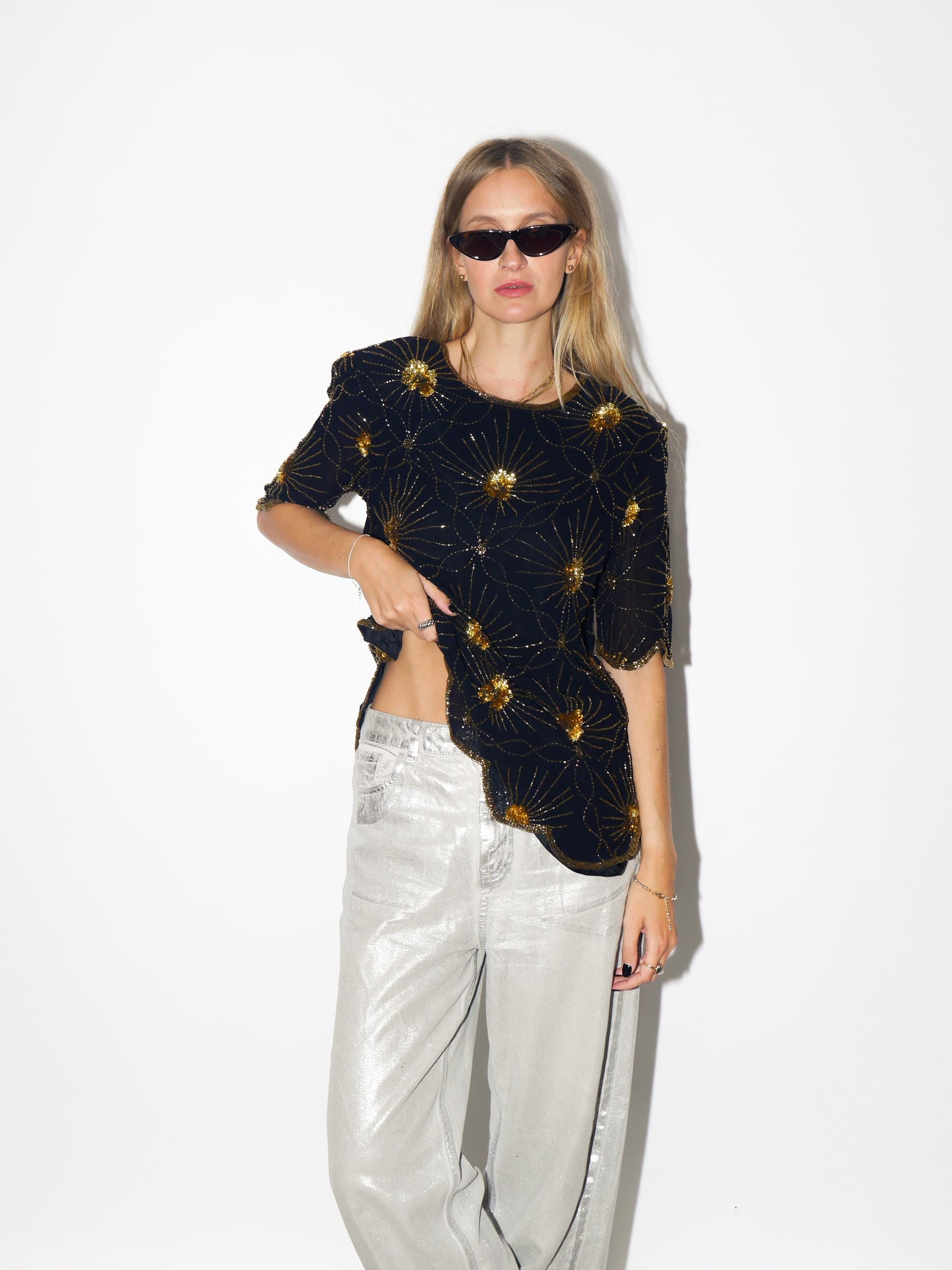 VINTAGE Black Viscose Blouse From The 1980s With Gold Beads And Sequins By Katherine Hart