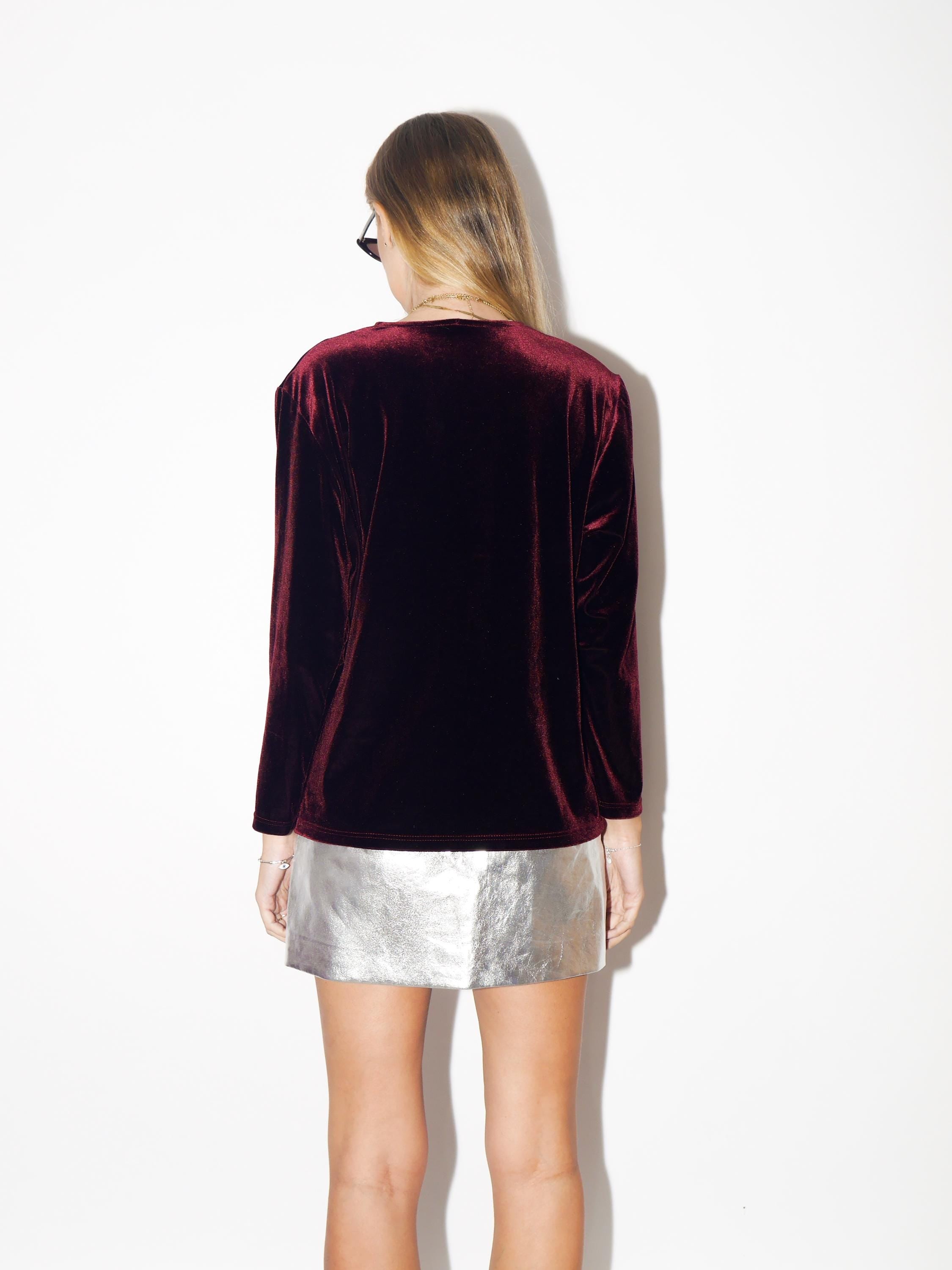 VINTAGE Burgundy Velvet Viscose Blend Long Sleeve Blouse With Glitter Floral Pattern From The 1980s