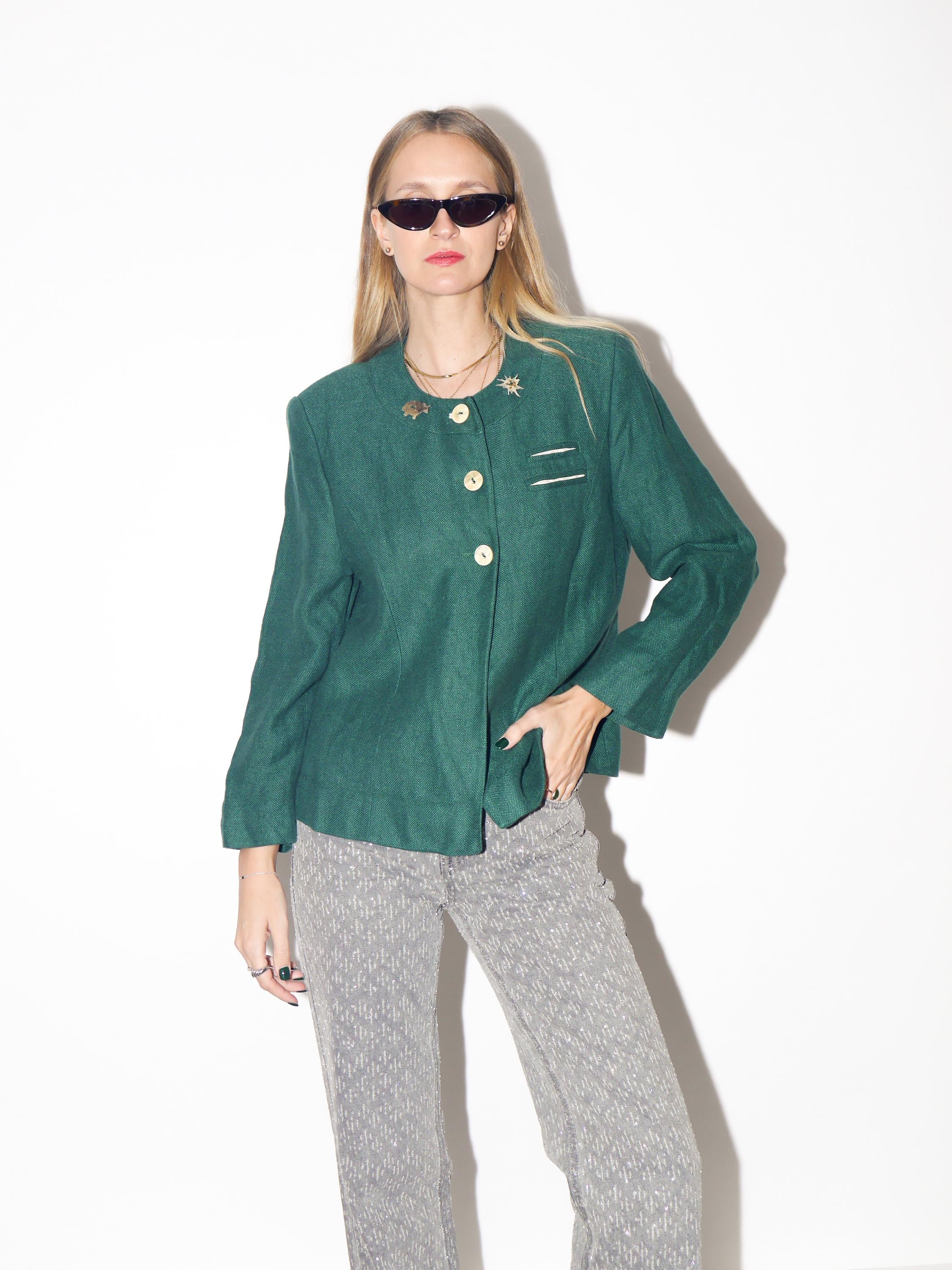 VINTAGE Bottle Green Austrian Folk Linen Blazer From The 1980s