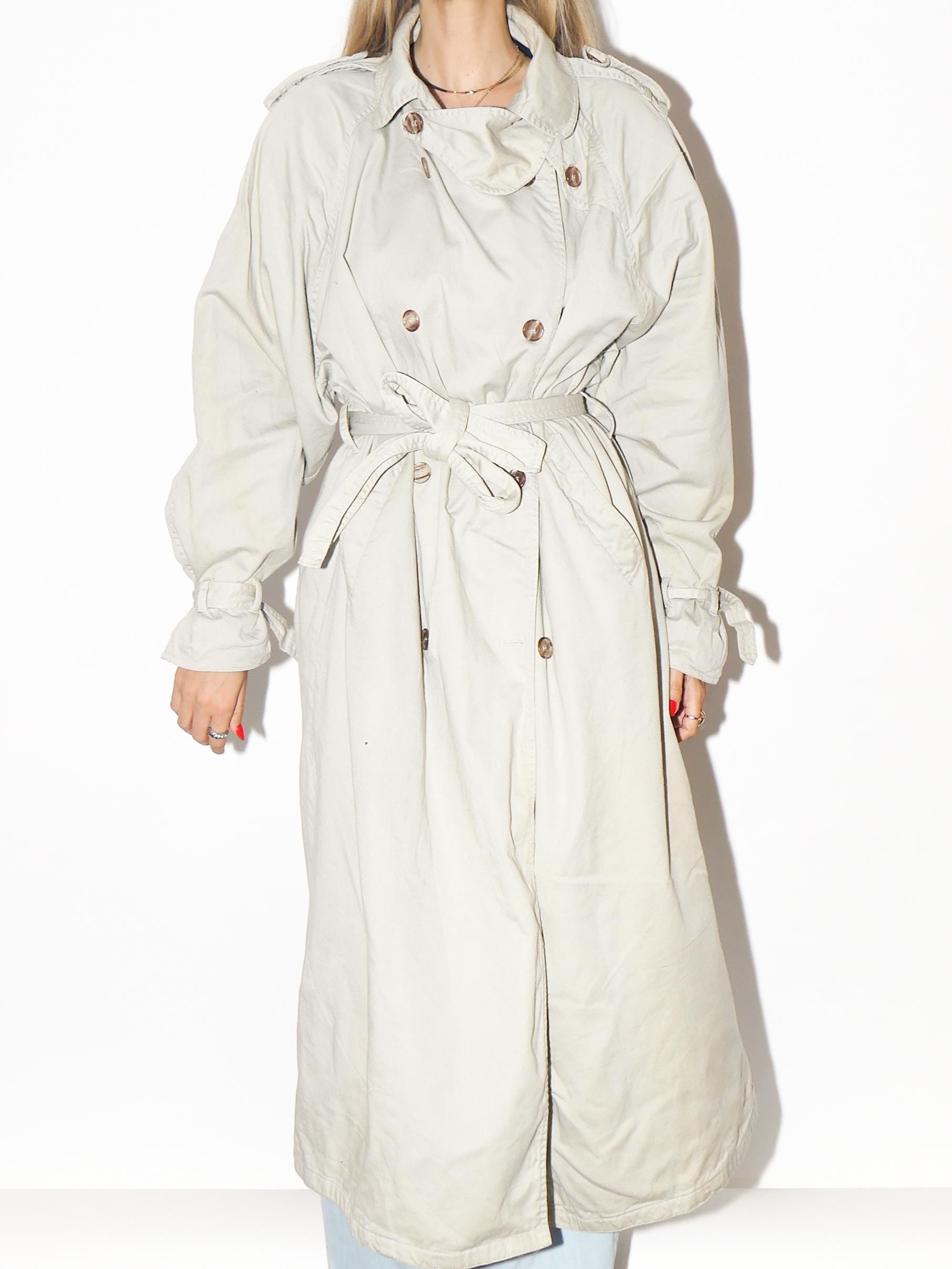 VINTAGE Beige Cotton Maxi Trench Coat With Belt And Printed Lining From The 1980s