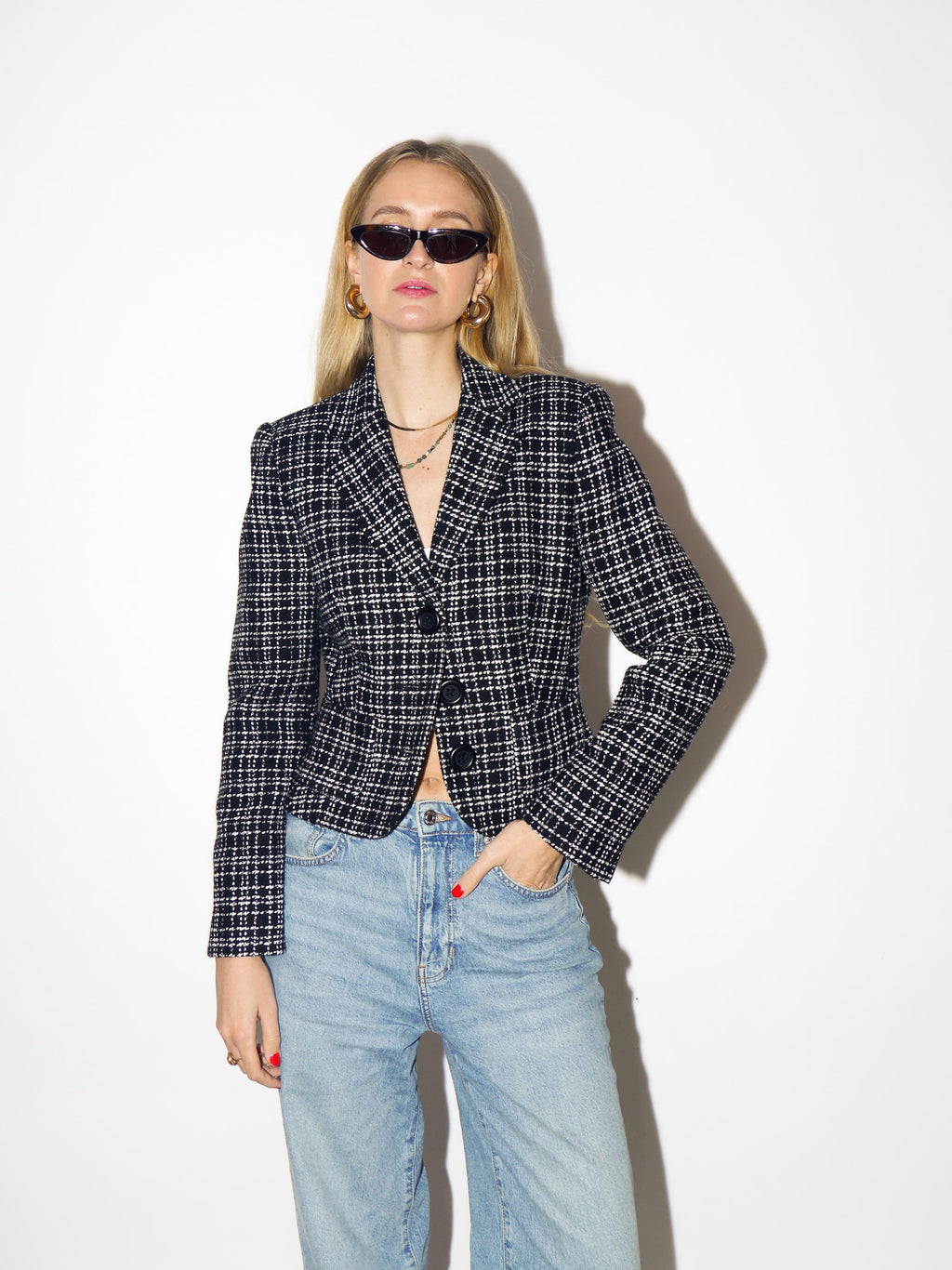 VINTAGE wool blazer, fitted black and white short blazer by Un Deux Trois® Paris
