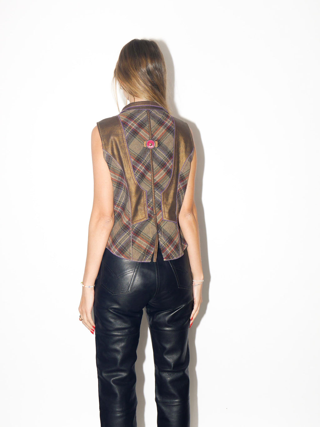 VINTAGE Golden Checked Wool Blend Vest With Metallic Patches From The 1980s By Sportalm