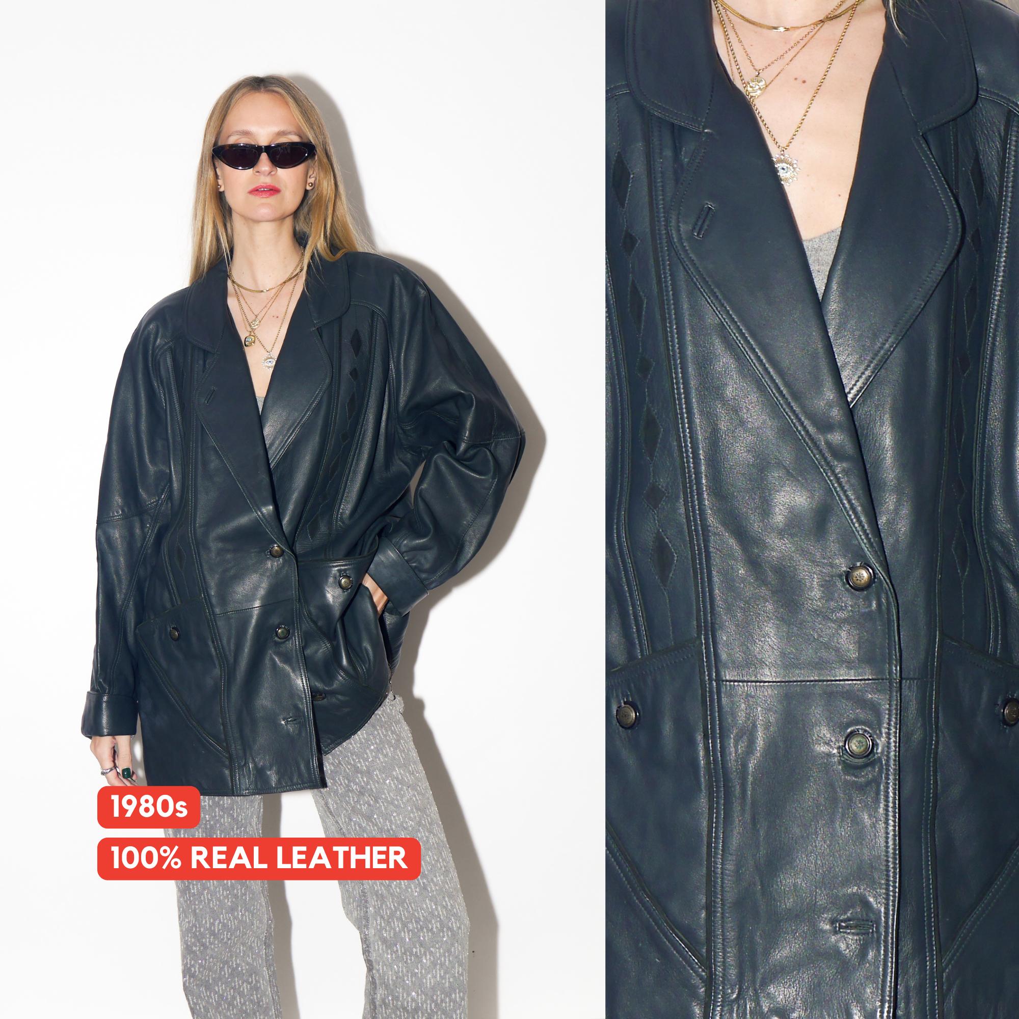 VINTAGE Dark Green Leather Jacket From The 1980s