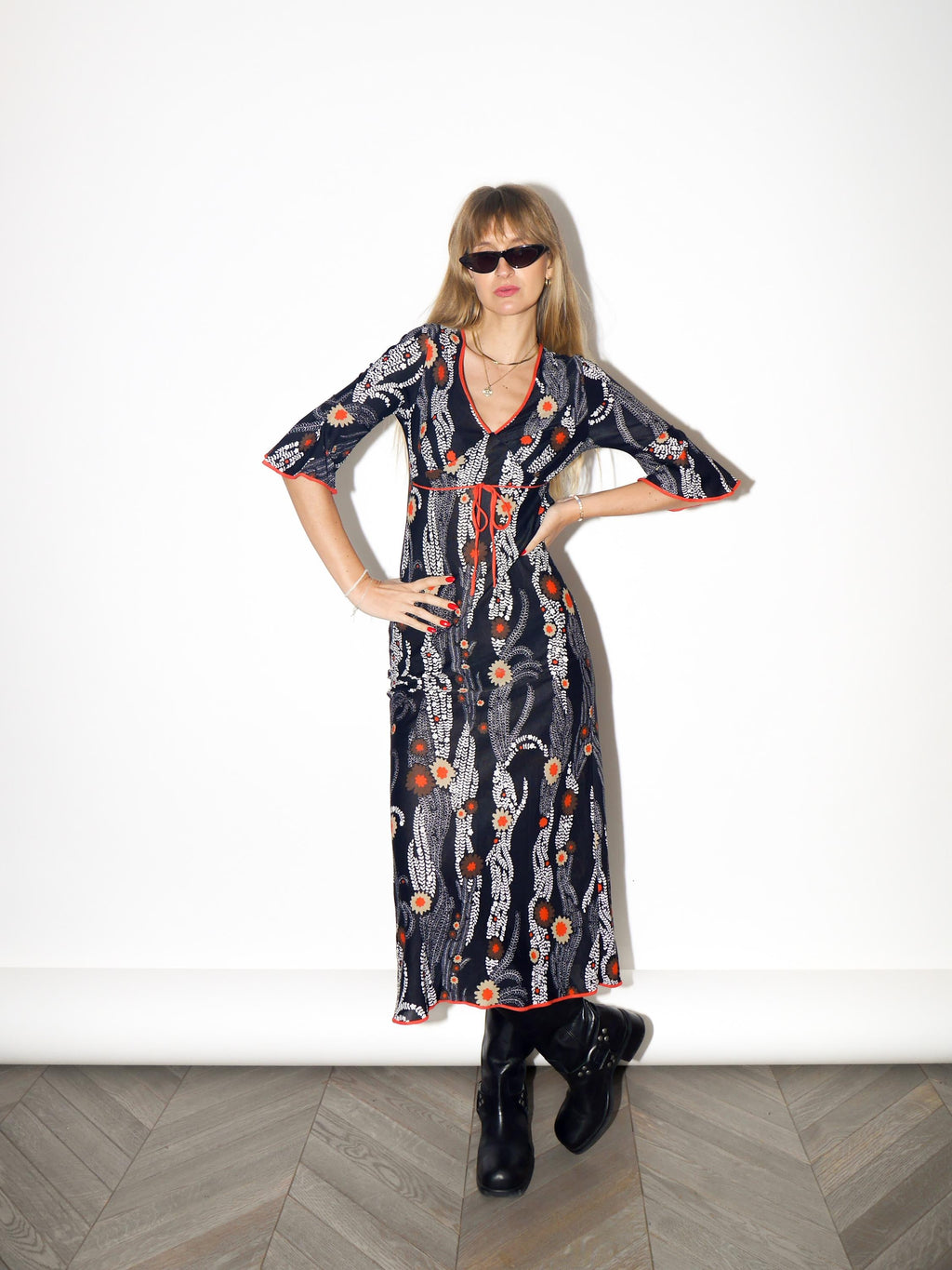 VINTAGE Black And Orange Floral Midi Dress With Ruffle Sleeves From The 1970s