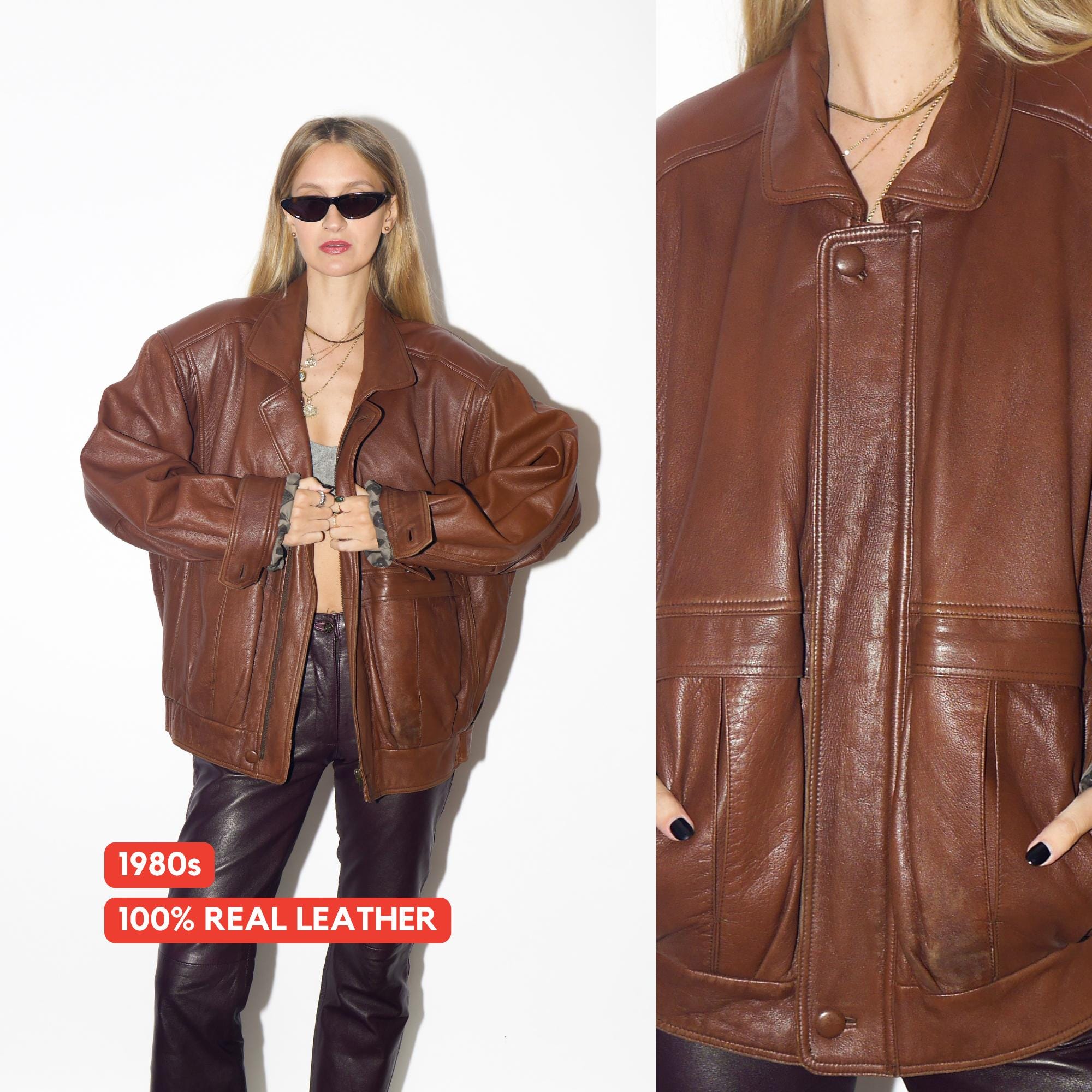 VINTAGE Cognac Leather Oversized Jacket From 1980s With Shoulder Pads By Chock Leather Center