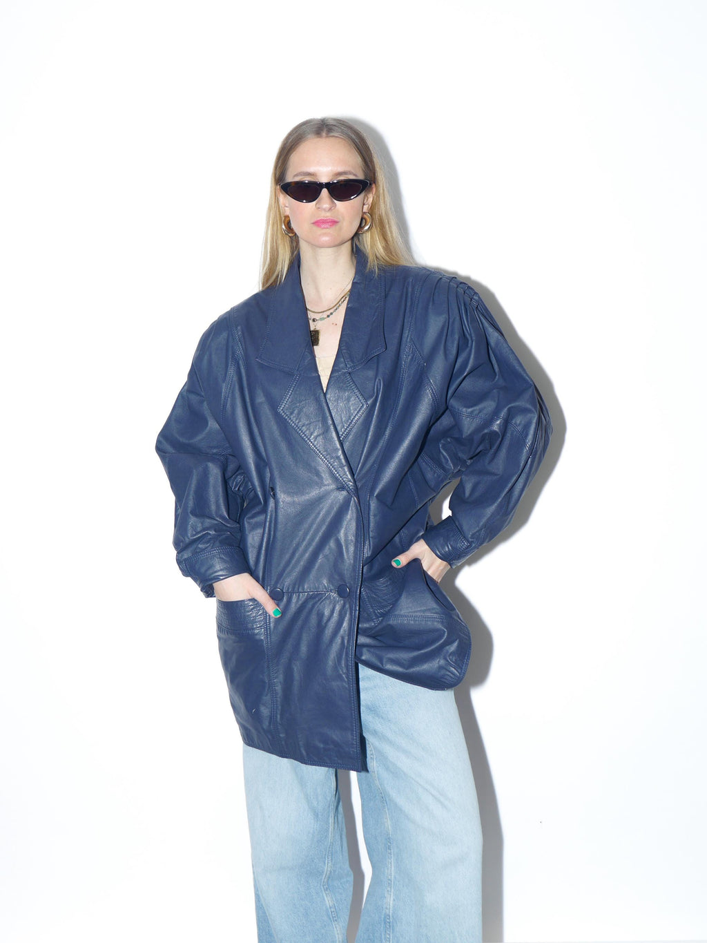 VINTAGE navy blue leather jacket from the 1980s by Renoma® in oversize fit