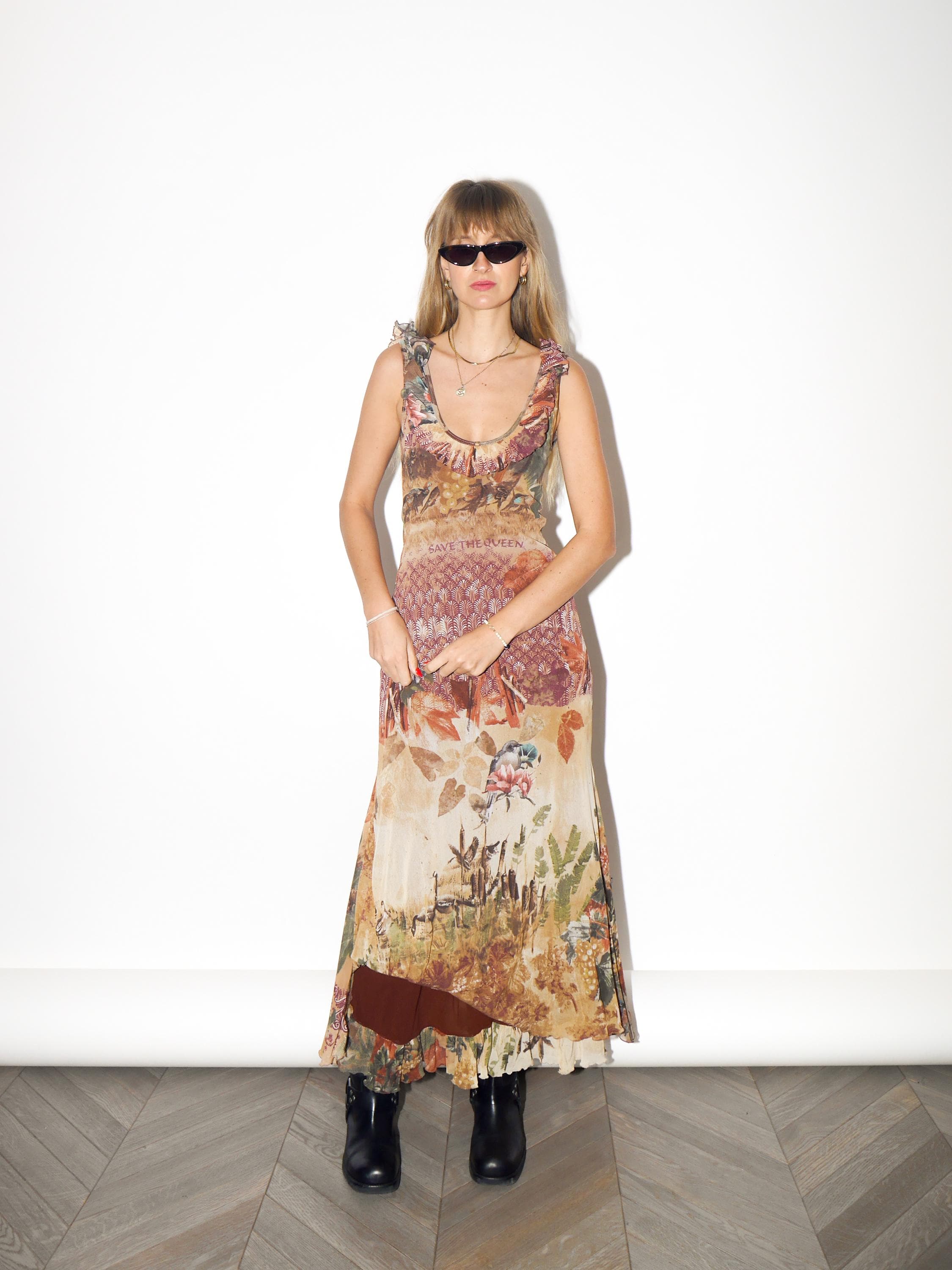 VINTAGE Autumn Print Nylon Maxi Dress With Ruffles From The 1990s By Save The Queen