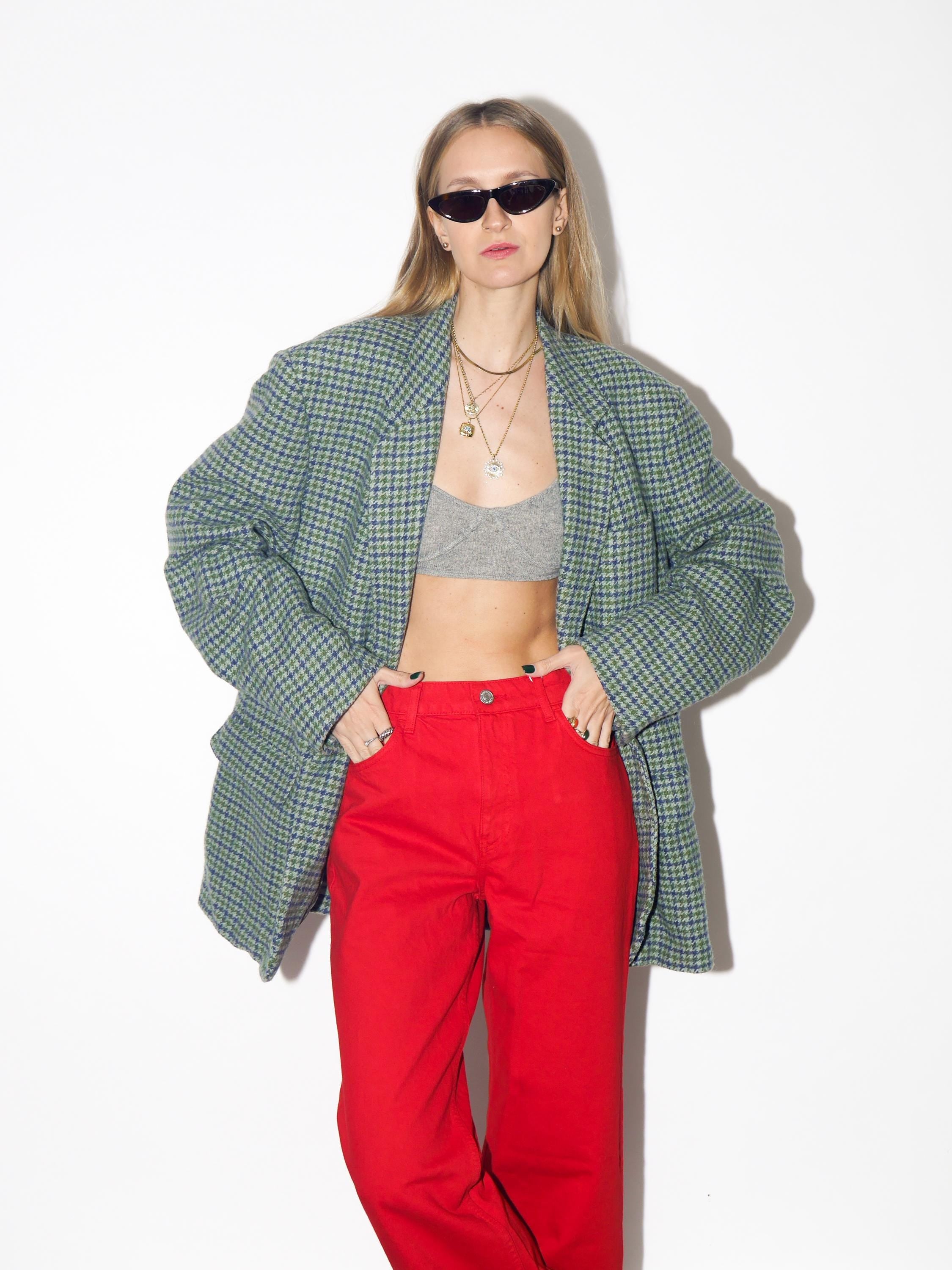 VINTAGE Wool Oversized Green And Gray Houndstooth Blazer From The 1980s