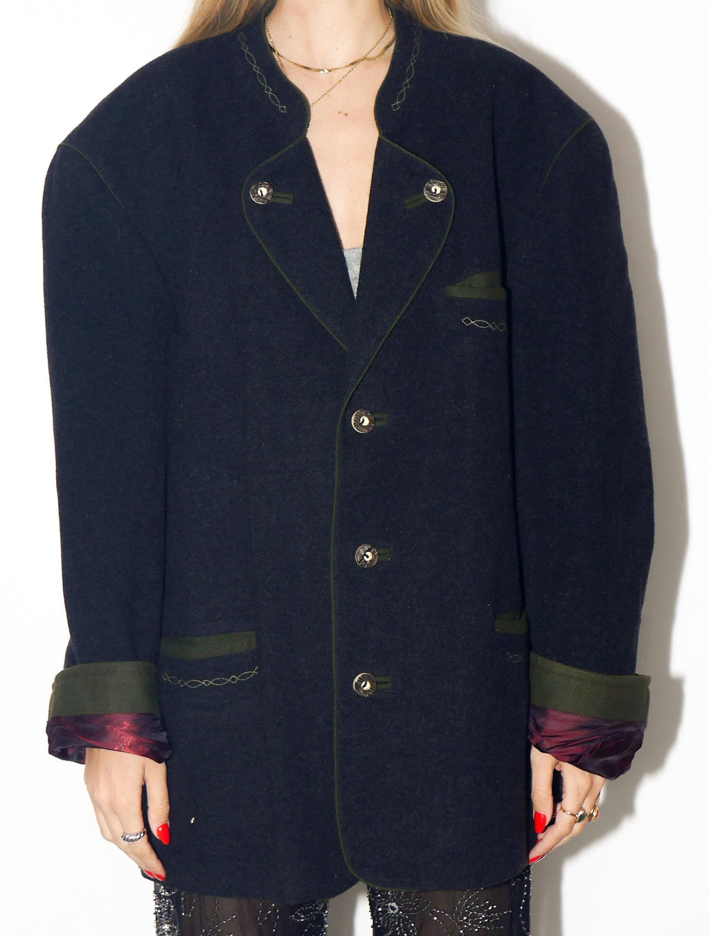 VINTAGE Dark Grey Cashmere Blend Folk Blazer With Green Embroidery From The 1980s