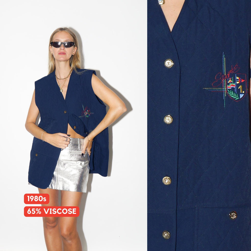 VINTAGE Navy Viscose Blend Quilted Vest From The 1980s With Gold Buttons And Sports Emblem