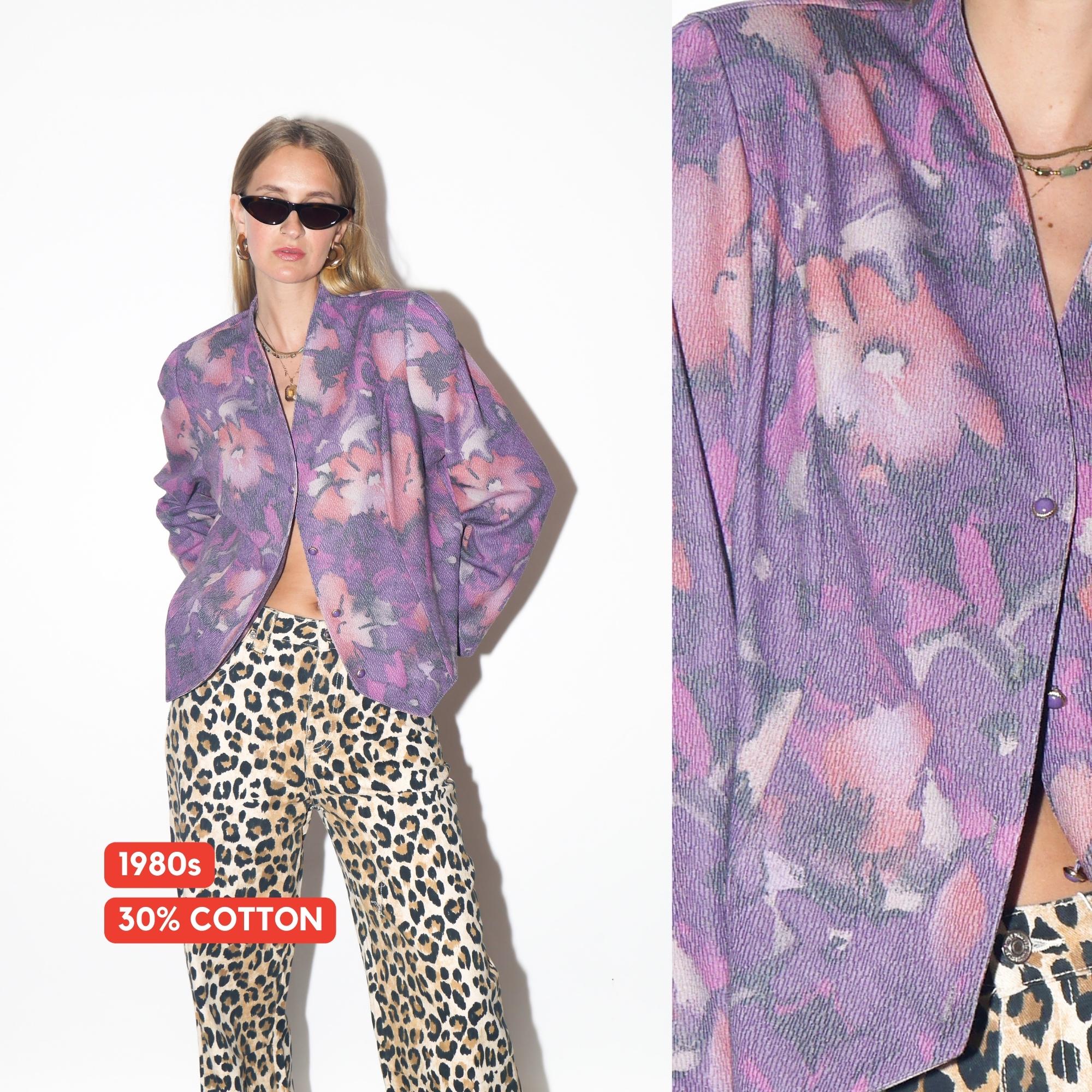 VINTAGE Cotton Purple Floral Blazer With Stand-Up Collar And Decorative Buttons Made In Finland From The 1980s By Finn Karelia