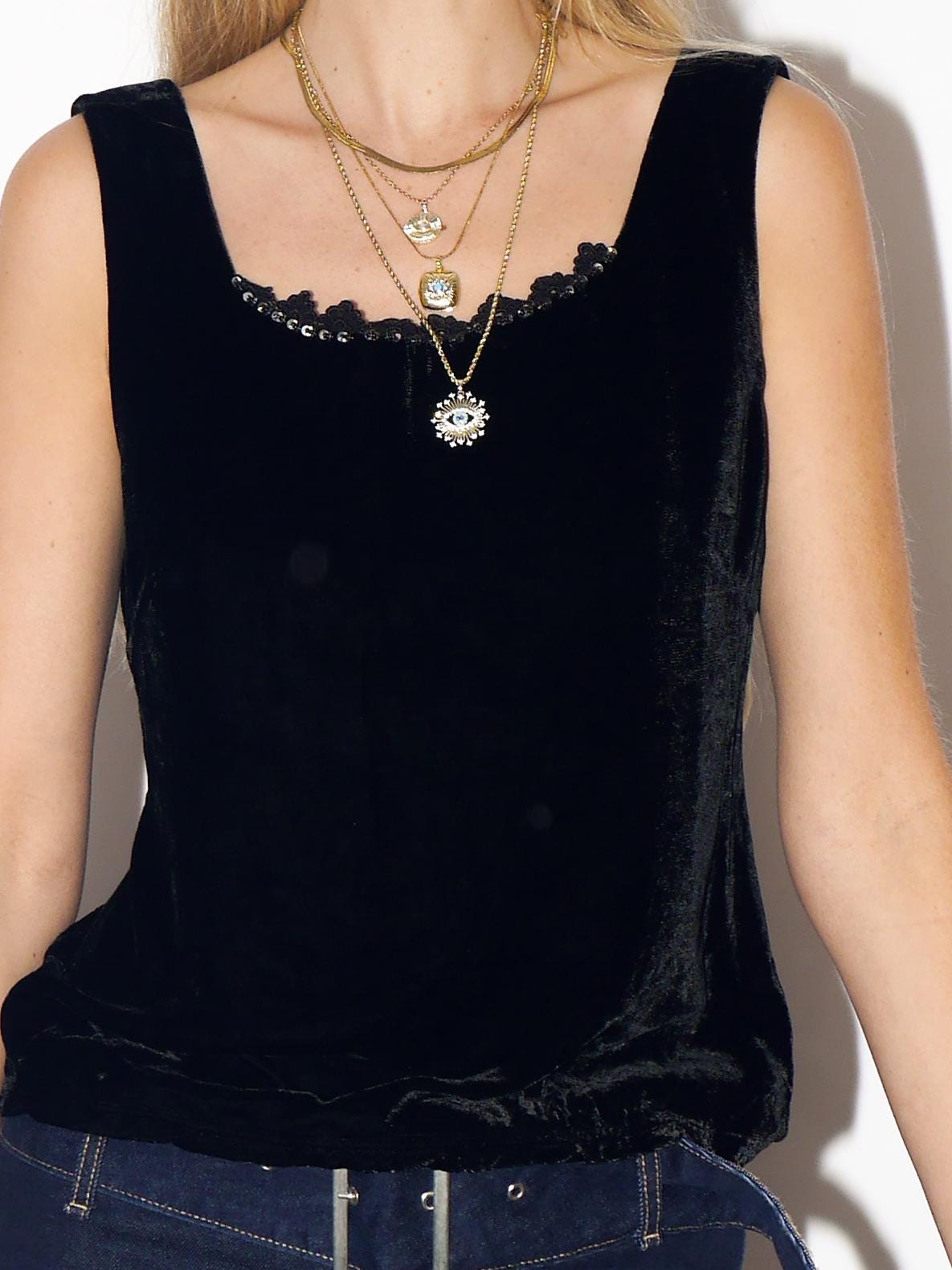 VINTAGE Black Viscose And Silk Velvet Sleeveless Top With Sequins And Lace From The 1990s By Chacha