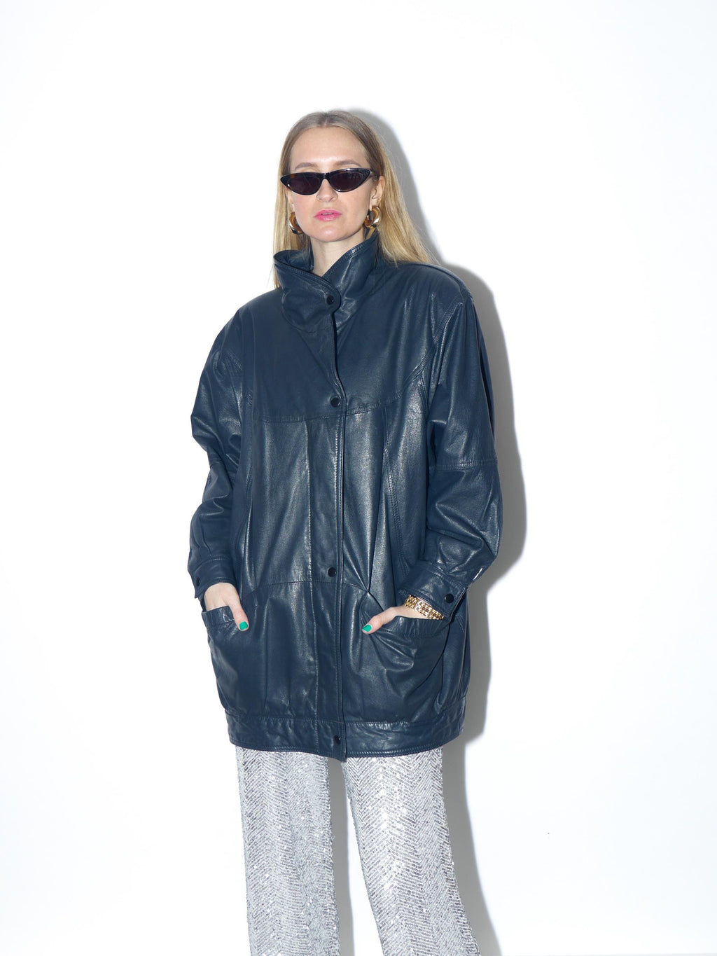 VINTAGE navy leather jacket from 1980s in oversize fit with stand-up collar
