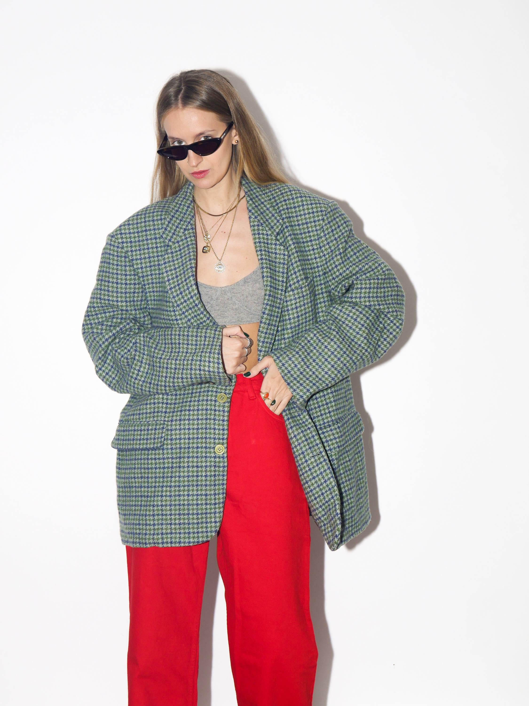 VINTAGE Wool Oversized Green And Gray Houndstooth Blazer From The 1980s