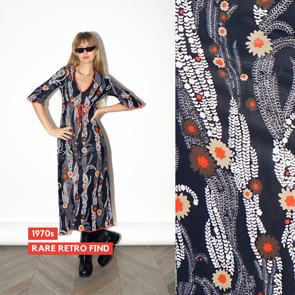 VINTAGE Black And Orange Floral Midi Dress With Ruffle Sleeves From The 1970s
