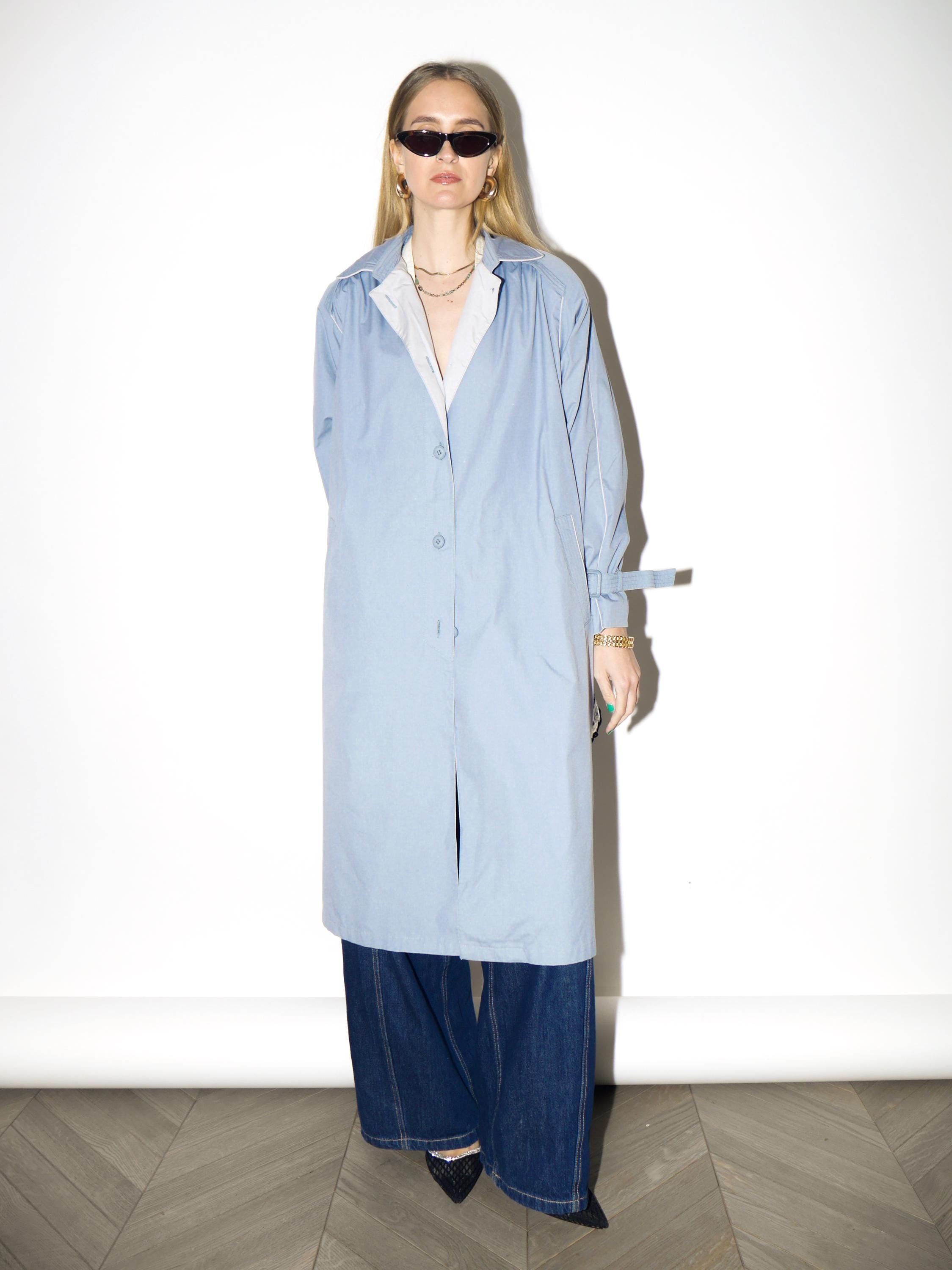 VINTAGE Baby Blue Trench Coat from 1980s | Midi Blue Cotton Trench Coat