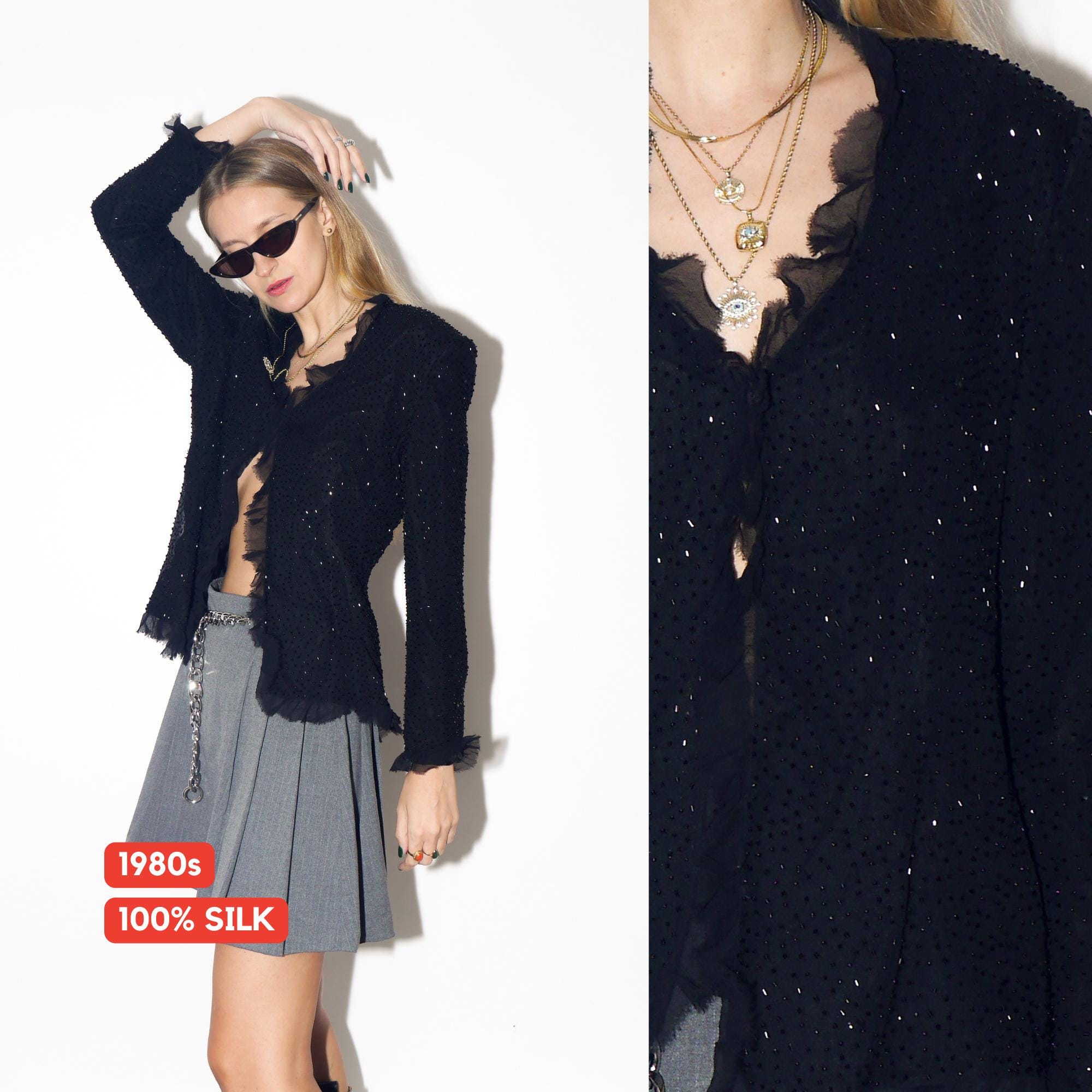 VINTAGE 100% Silk Black Beaded Ruffle Blouse From The 1980s By Murek Fashion