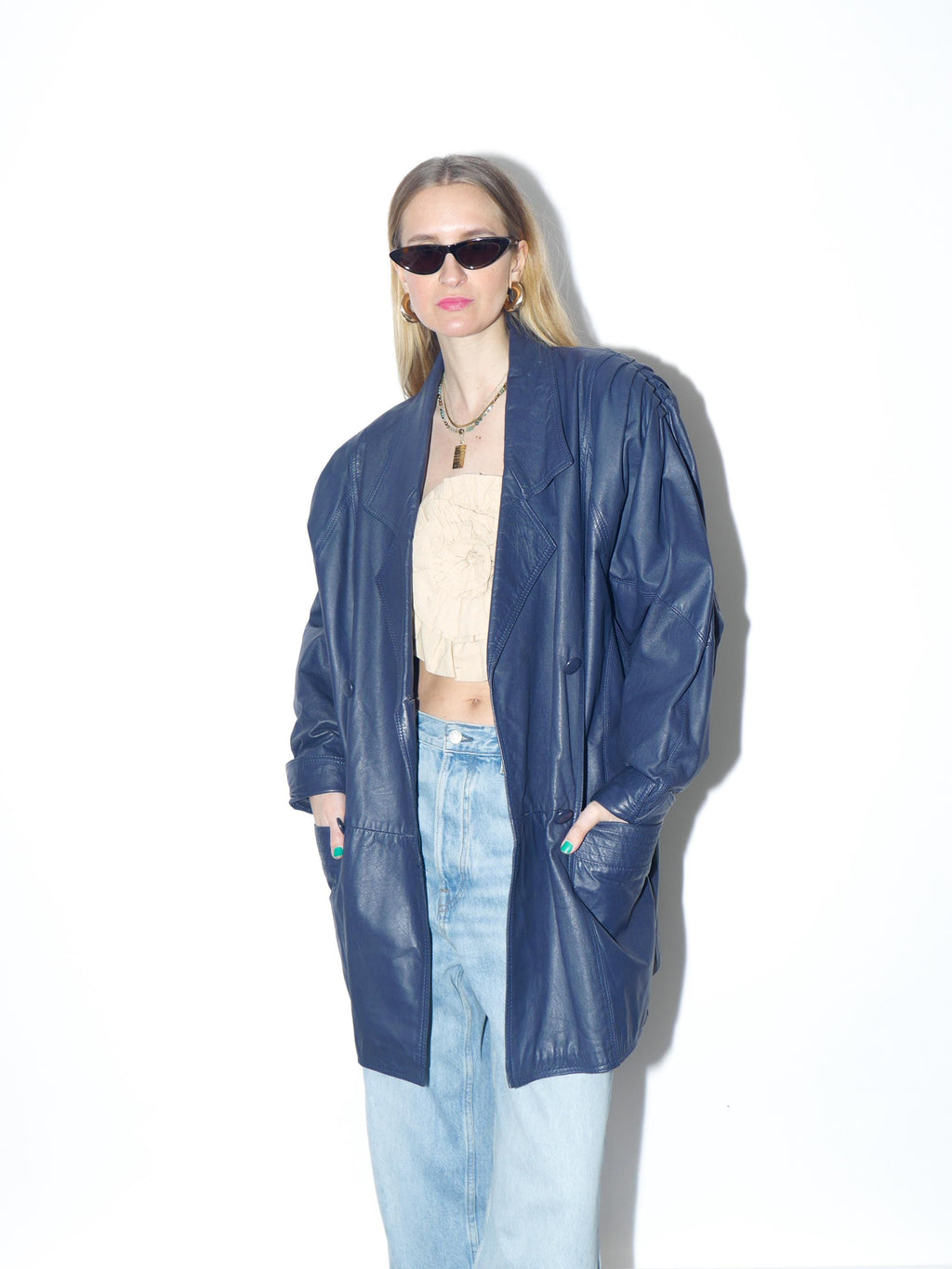 VINTAGE navy blue leather jacket from the 1980s by Renoma® in oversize fit