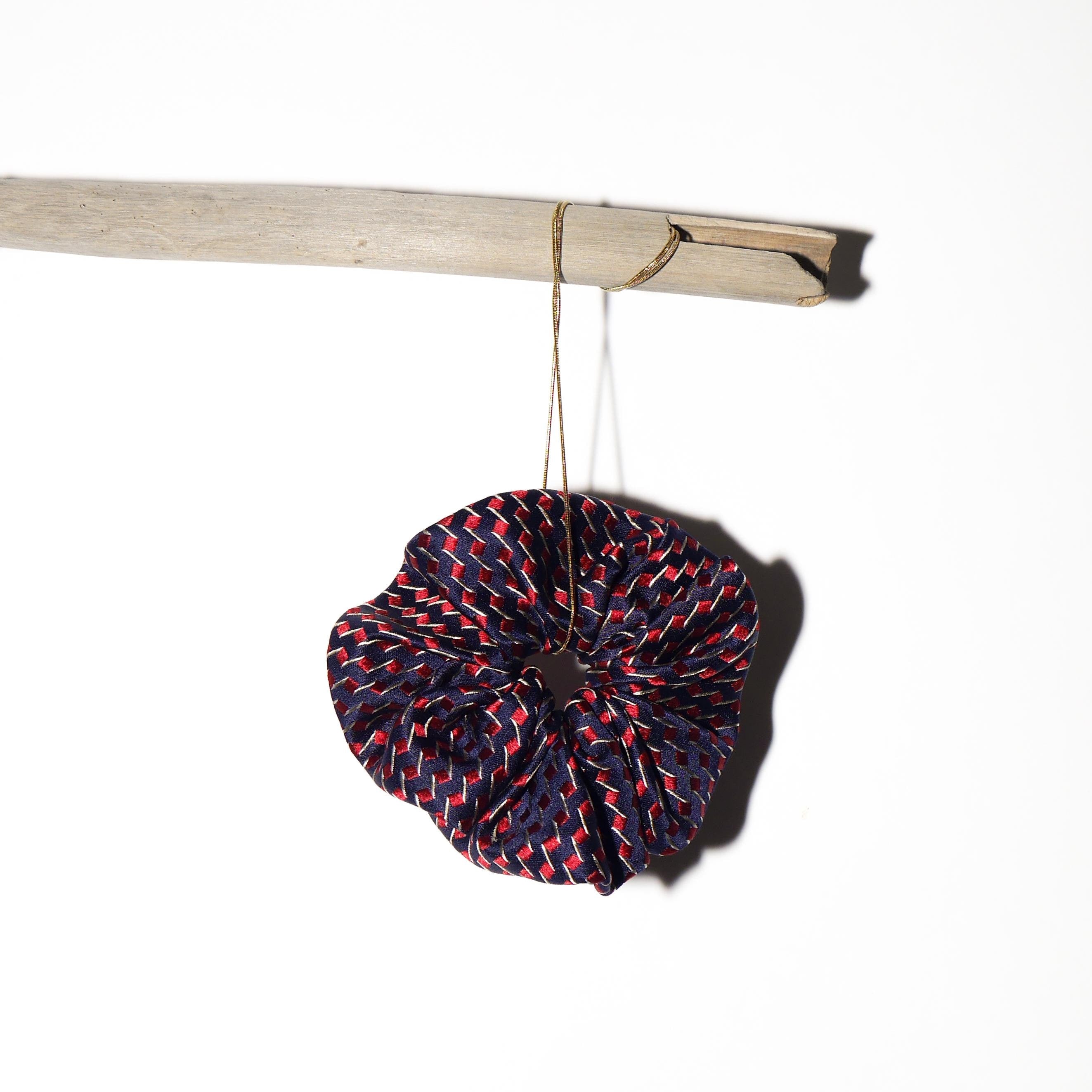 Handmade 100% Silk Scrunchie from Vintage 1980s Tie by MODOPOL - Burgundy and Navy