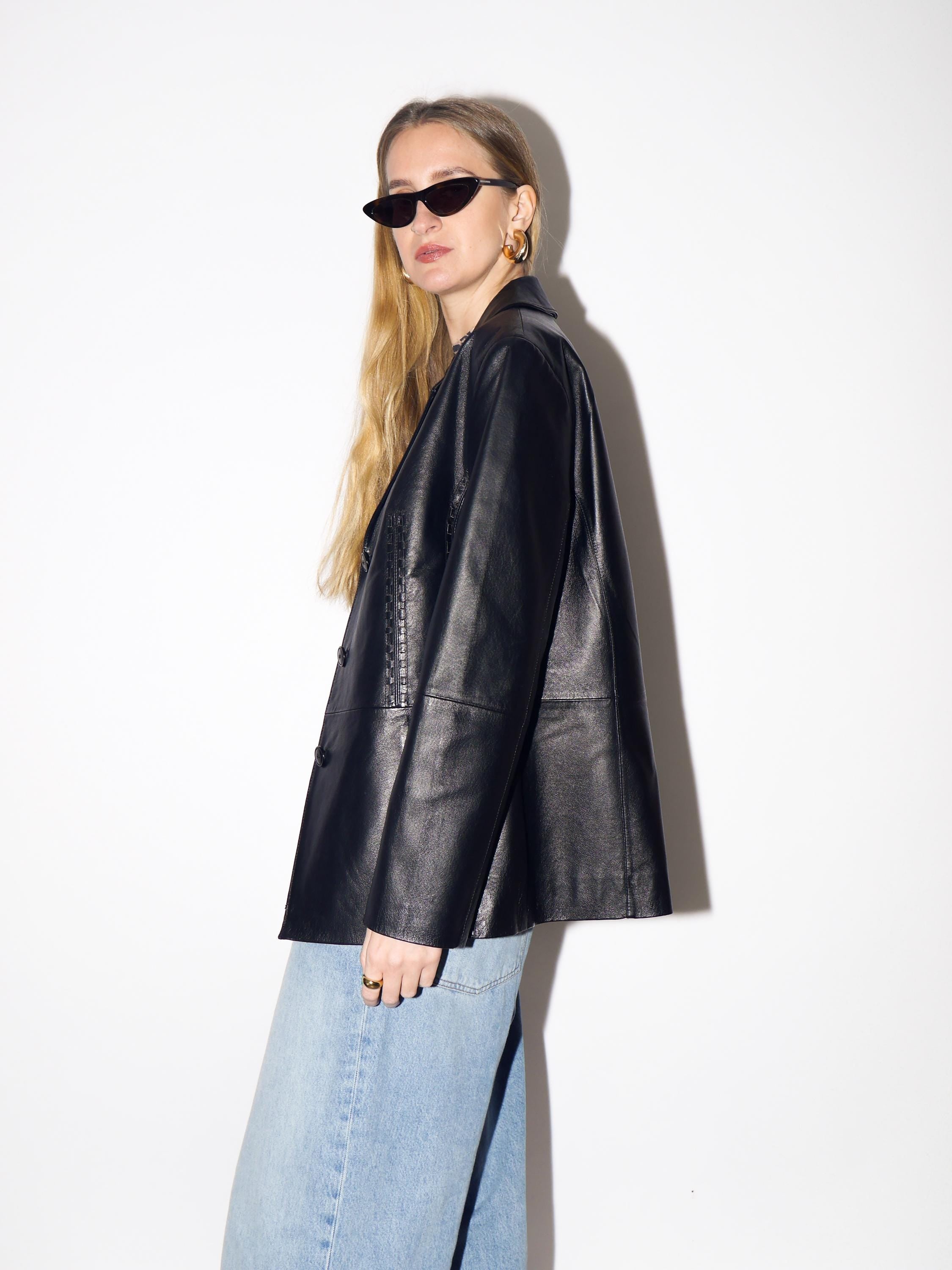 VINTAGE Black Leather Jacket from 1980s | Vintage Black Leather Oversize Blazer