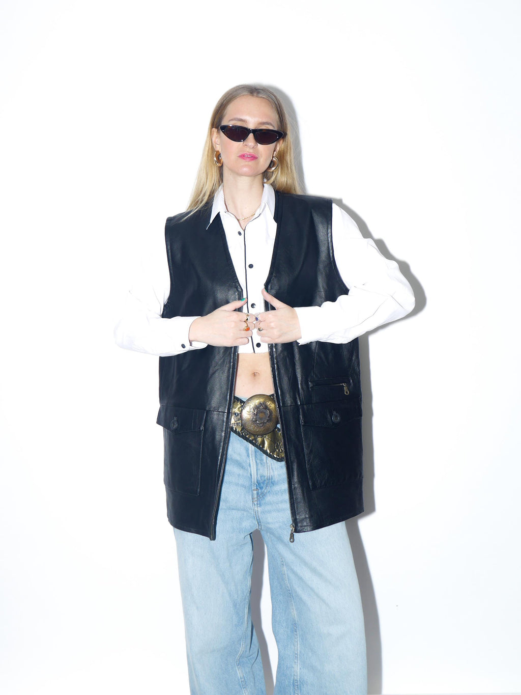 VINTAGE black leather vest from the 1990s | oversize black leather waistcoat