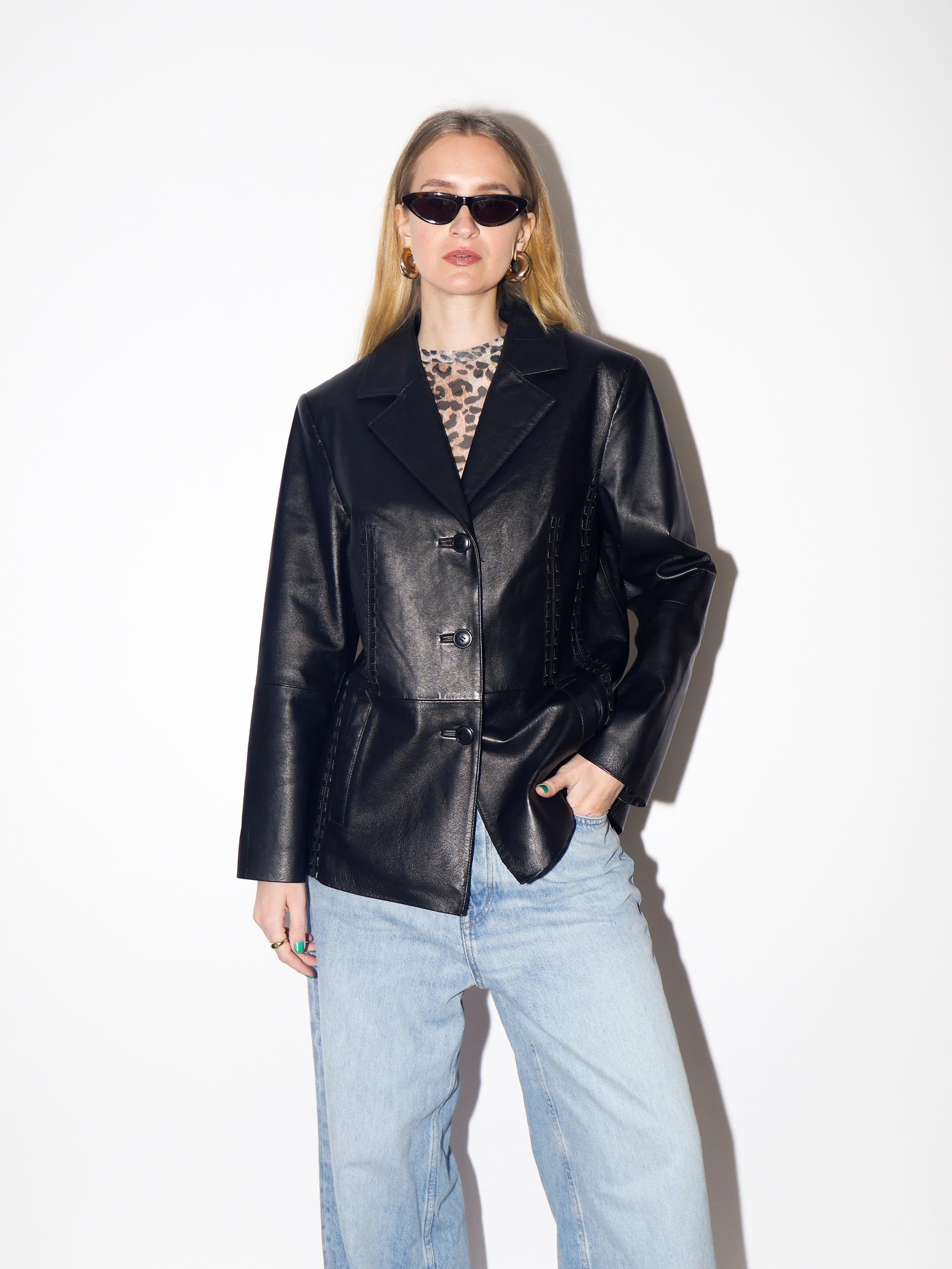 VINTAGE Black Leather Jacket from 1980s | Vintage Black Leather Oversize Blazer