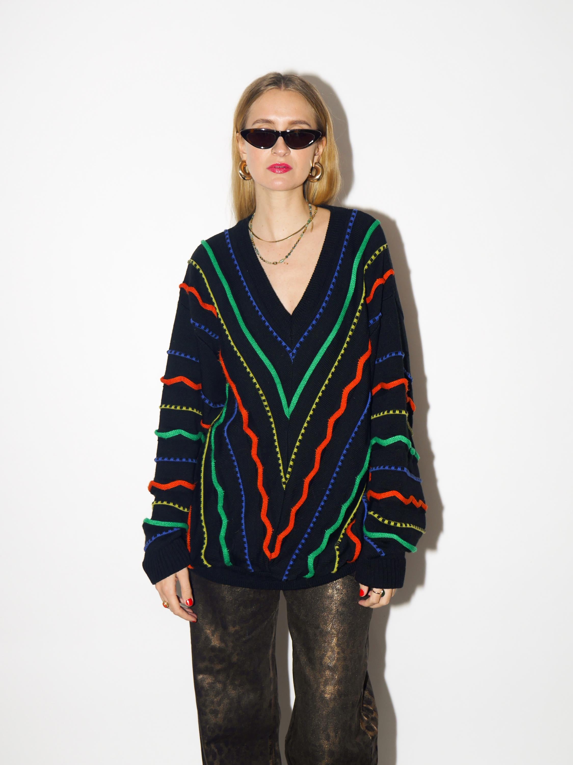 VINTAGE sweater, oversized black pullover with merino wool and cotton from 1980s
