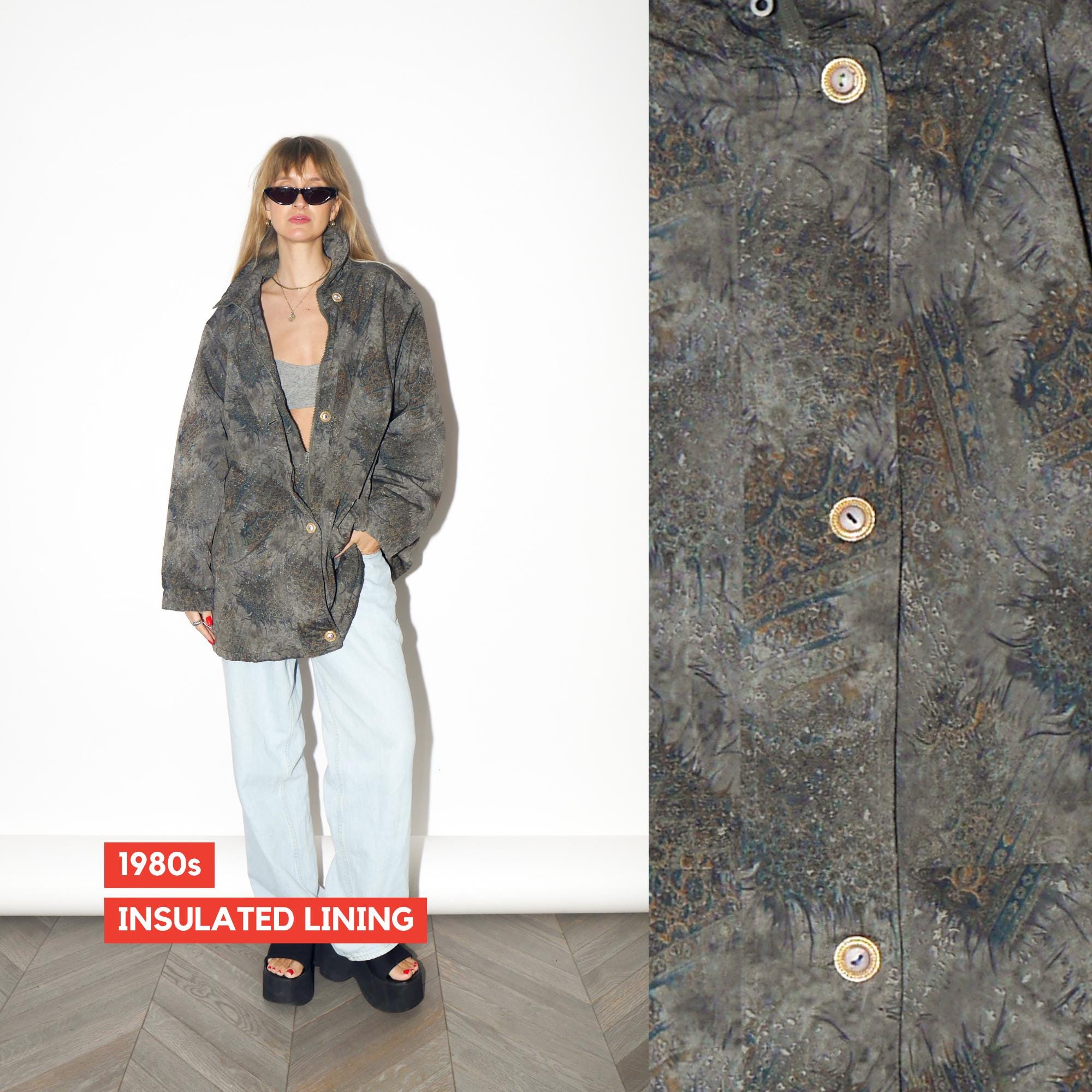 VINTAGE Green And Gold Oversized Parka With Abstract Pattern From The 1980s