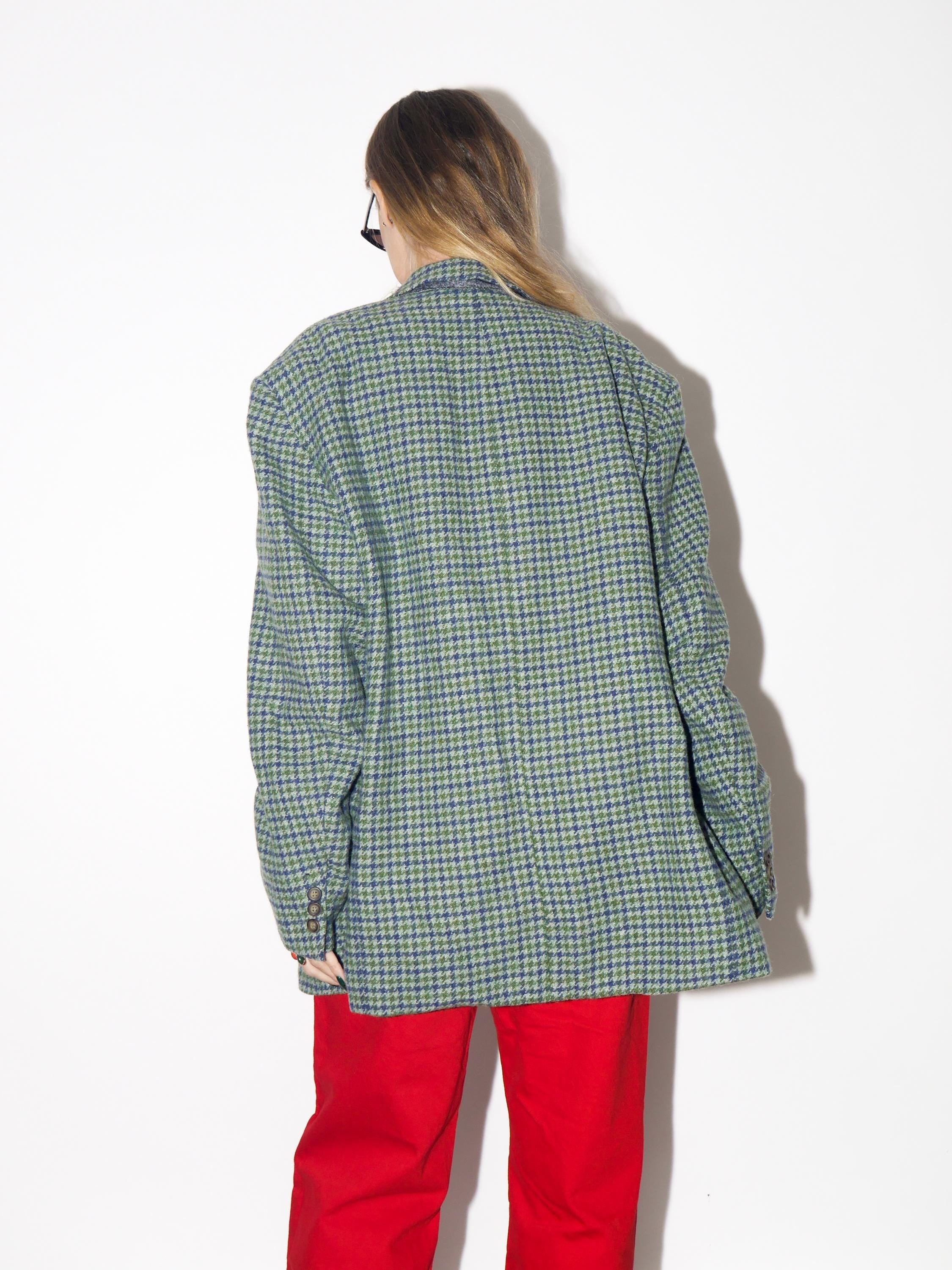 VINTAGE Wool Oversized Green And Gray Houndstooth Blazer From The 1980s