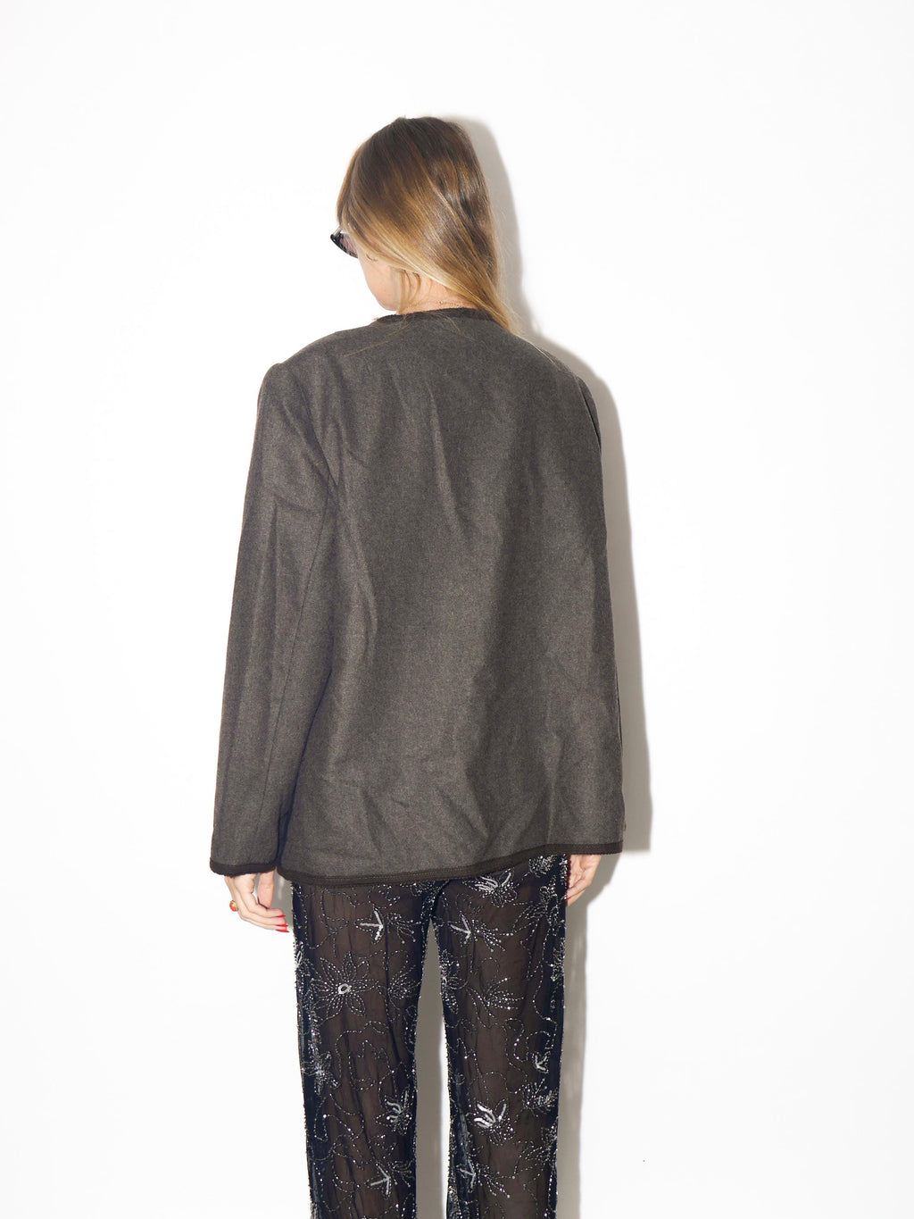 VINTAGE Brown And Grey Folk Wool Blend Blazer With Heart Embroidery From The 1980s